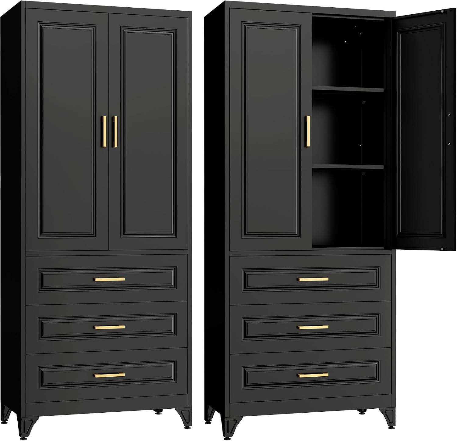 SteeLoong 75' Kitchen Pantry Cabinet with 3 Drawers,Metal Storage Cabinets with Doors and 2 Adjustable Shelves,Black Kitchen Cabinet with 2 Gold Handles,Food Cupboard for Livingroom, Bathroom,Pantry