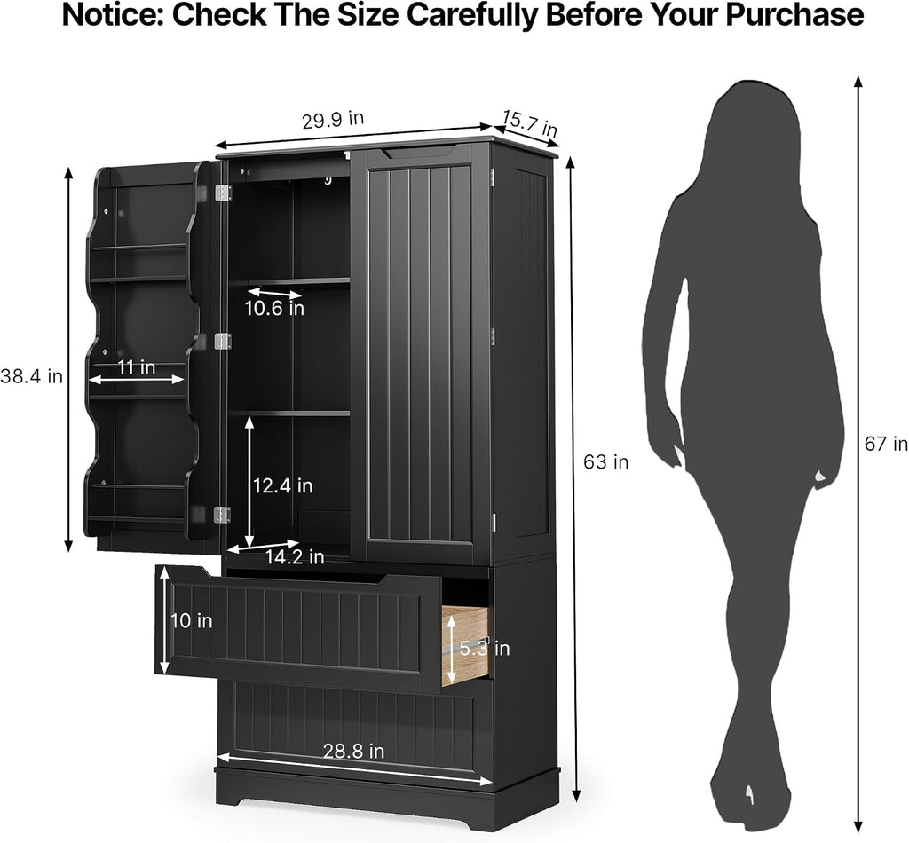 Gizoon Kitchen Storage Cabinets with Drawers Freestanding Kitchen Pantry with Doors and Shelves, 63' Food Pantry Cabinet for Dining Room Craft Room, Black, Painted