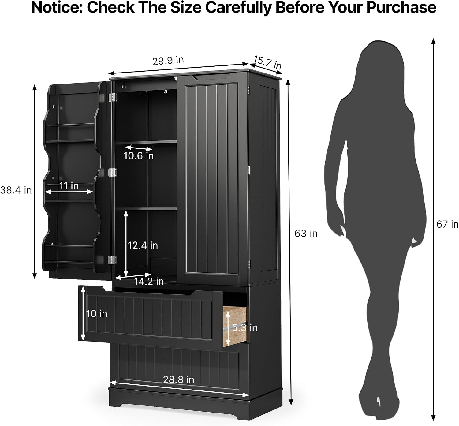 Gizoon Kitchen Storage Cabinets with Drawers Freestanding Kitchen Pantry with Doors and Shelves, 63' Food Pantry Cabinet for Dining Room Craft Room, Black, Painted