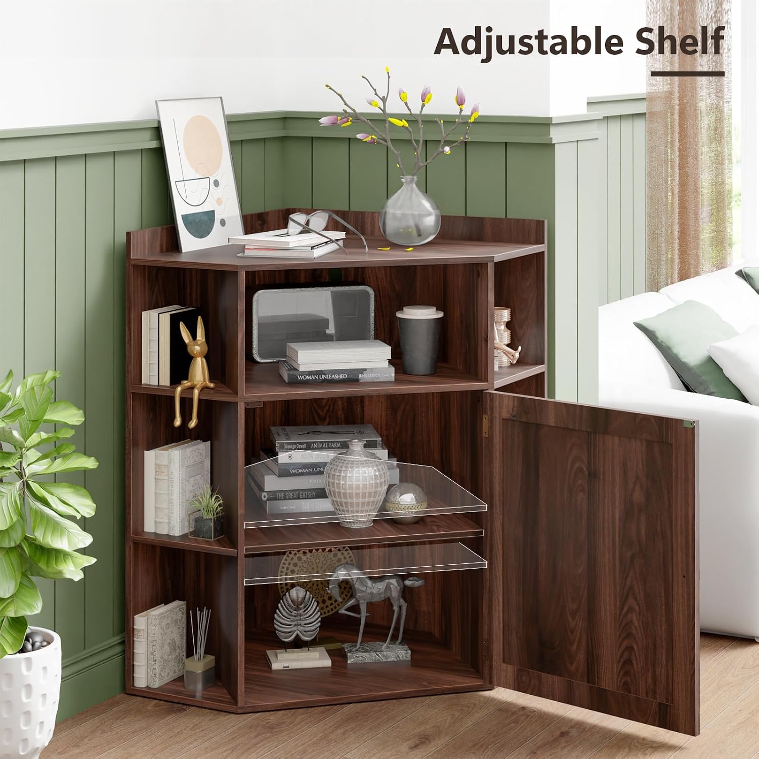 Vabches Corner Cabinet, Corner Storage Shelf with USB Ports and Outlets Industrial Organizer for Small Space Wooden 6-Cubby Bookshelf for Study, Playroom, Living Room (Walnut)