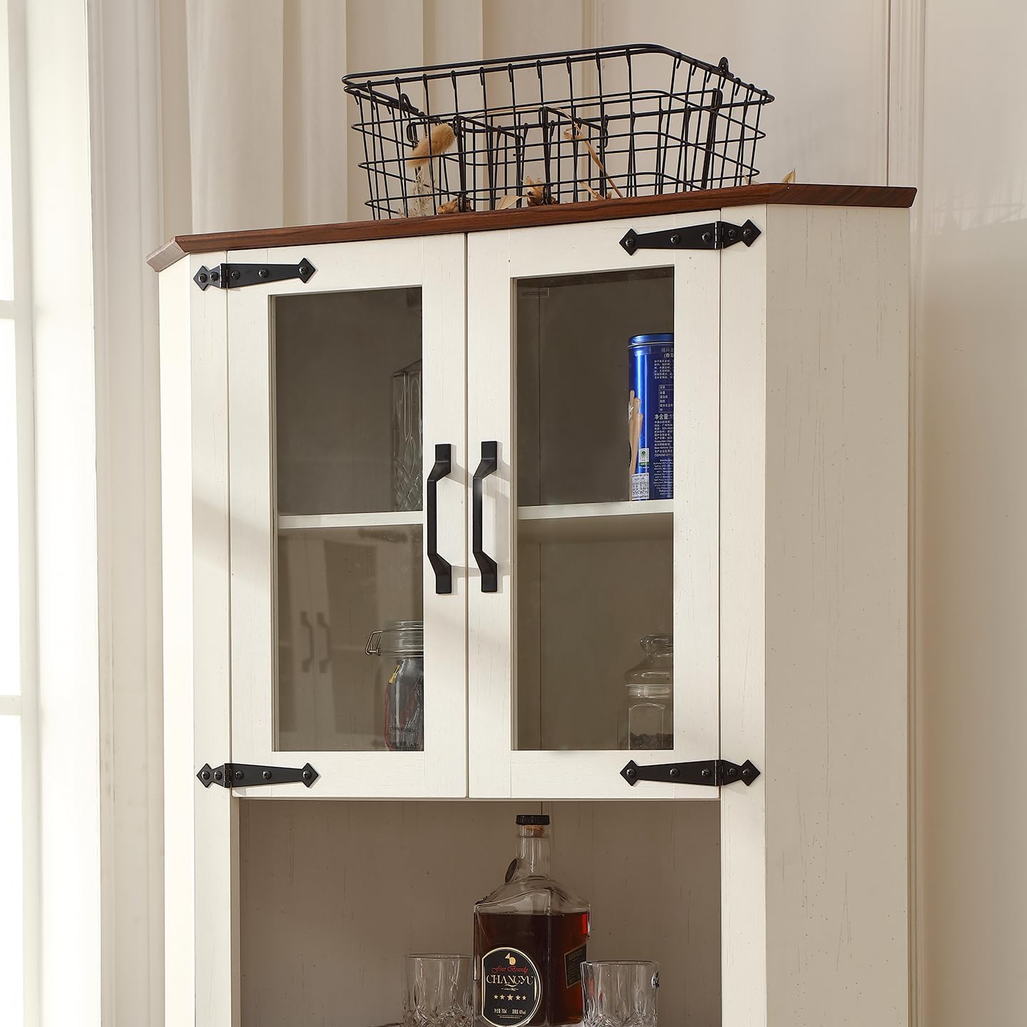 66.92'' Tall Corner Cabinet with Adjustable Shelves for Great Storage and Showcase,Storage Cabinet Double as Corner Liquor Cabinet with Hexagon Design for Livinng room,Kitchen and Bathroom,Off White
