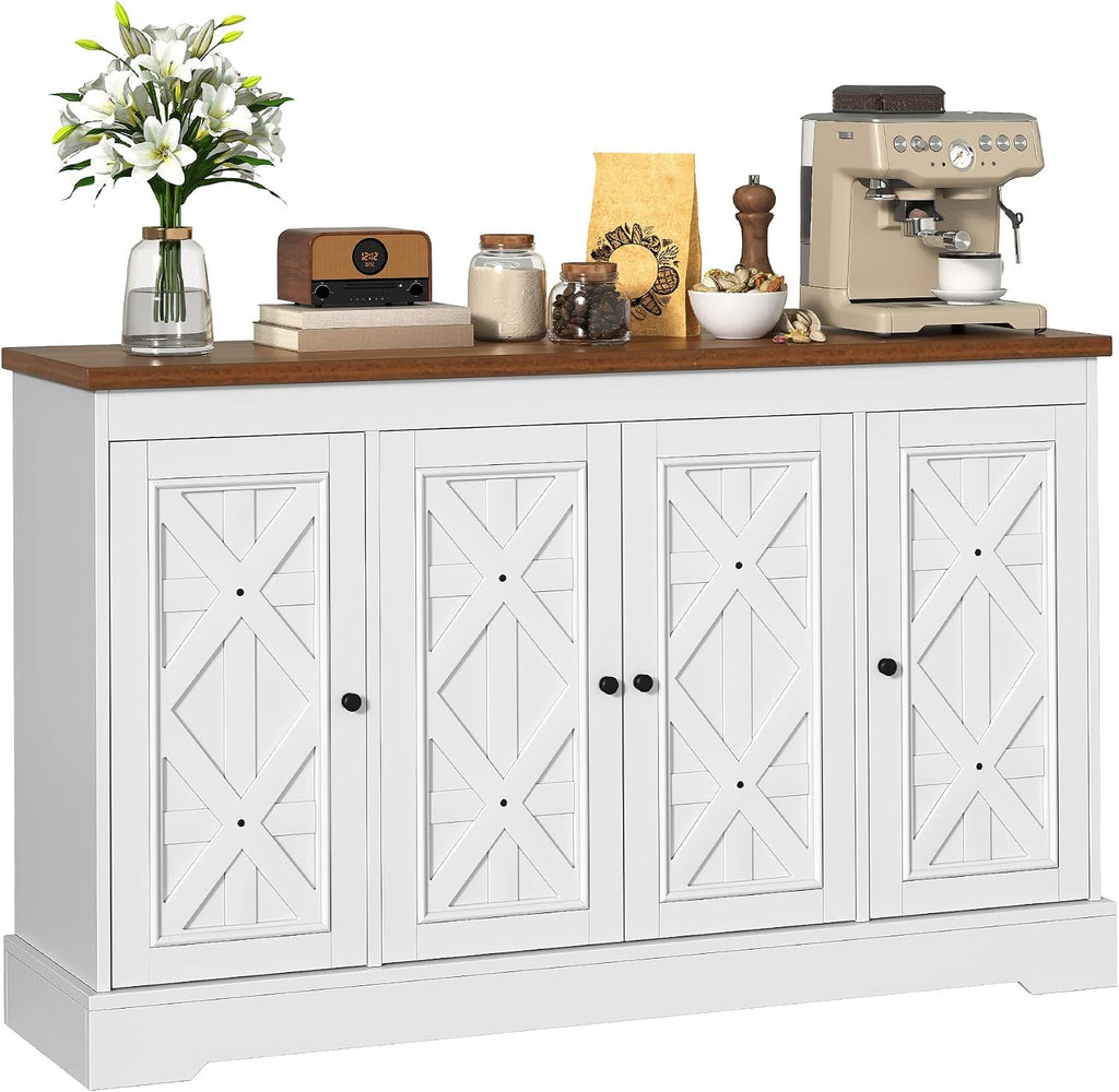YITAHOME Sideboard Buffet Cabinet with Storage, 59' Buffet Storage with 4 Doors, Modern Farmhouse Coffee Bar Station Wood Kitchen Table with Adjustable Shelves for Kitchen, Living Room (White)