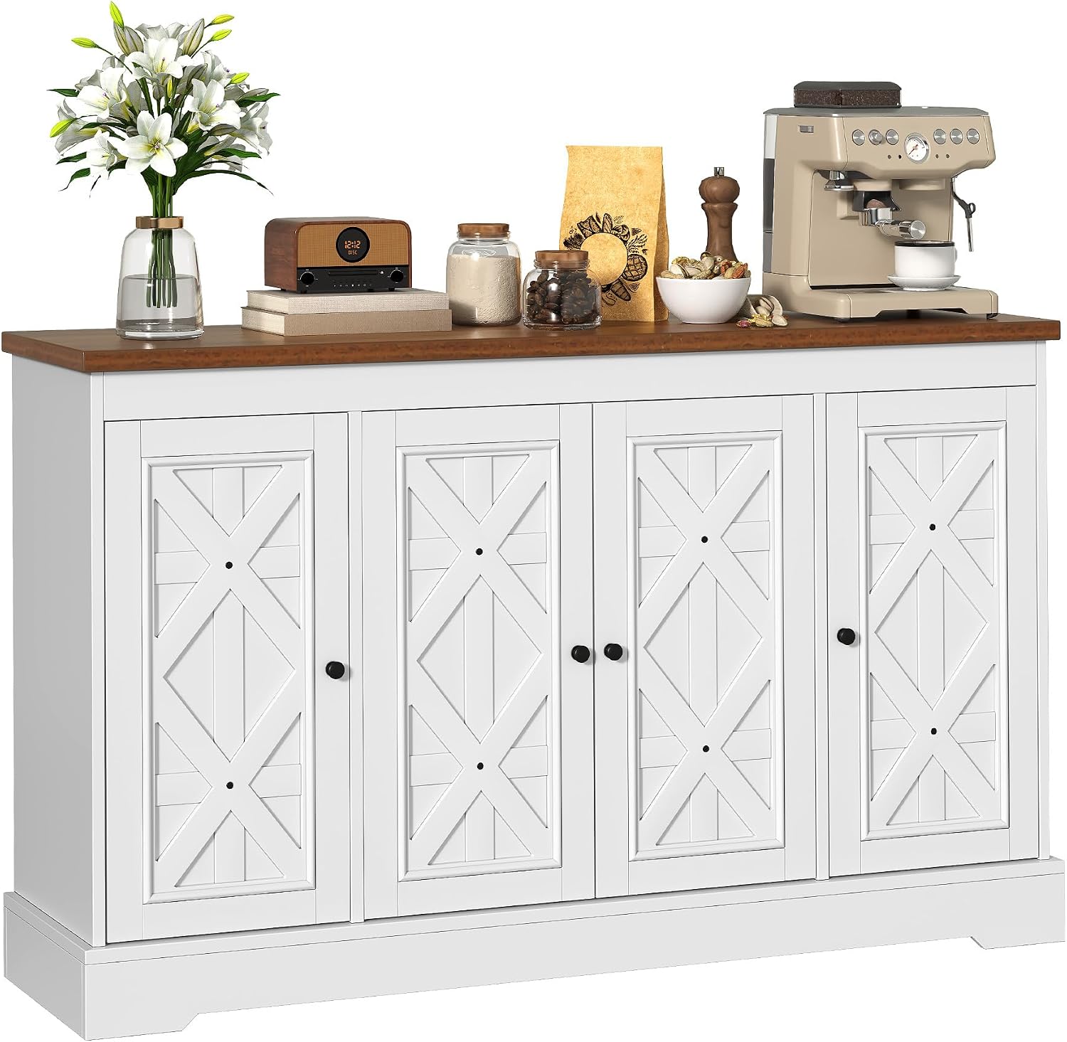 YITAHOME Sideboard Buffet Cabinet with Storage, 59' Buffet Storage with 4 Doors, Modern Farmhouse Coffee Bar Station Wood Kitchen Table with Adjustable Shelves for Kitchen, Living Room (White)