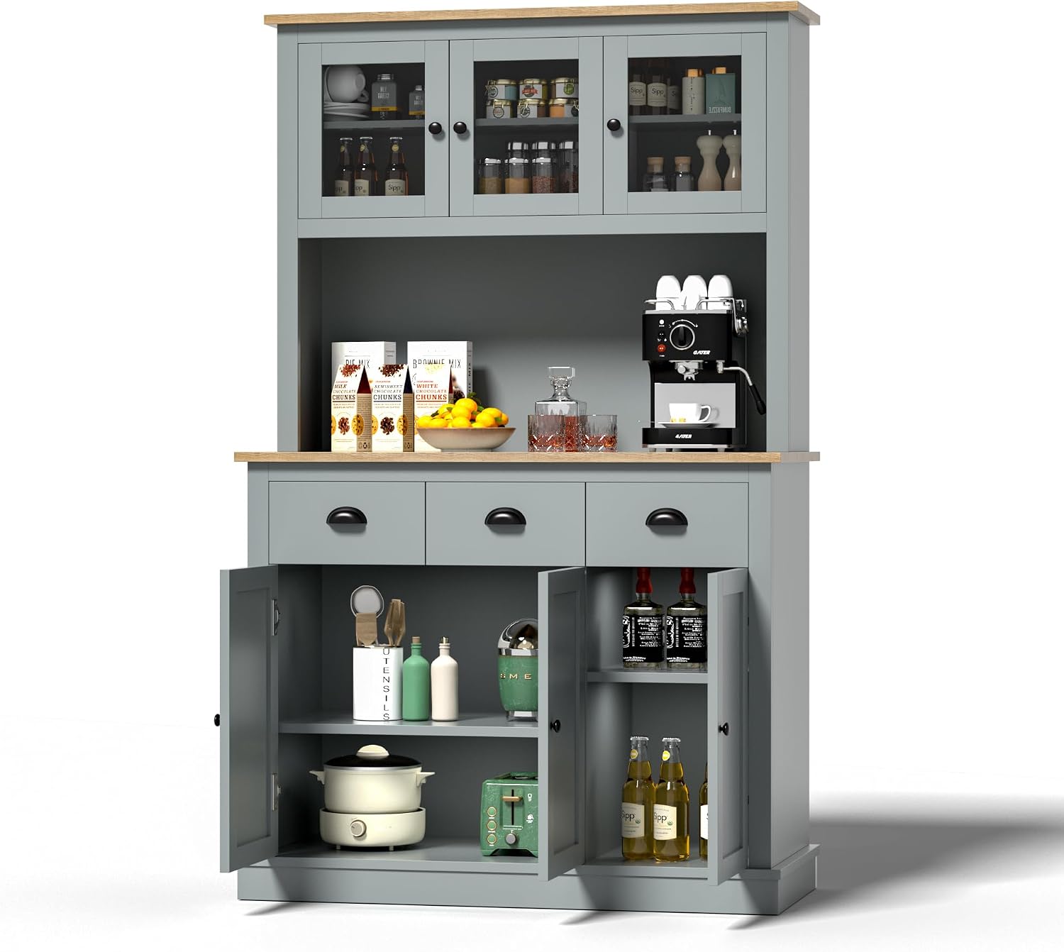 MU 71' Kitchen Pantry Cabinet with Charging Station, Tall Pantry Hutch with Drawers, Countertop & Microwave Shelf, Food Storage Cabinet for Dining Room & Coffee Bar, Grey