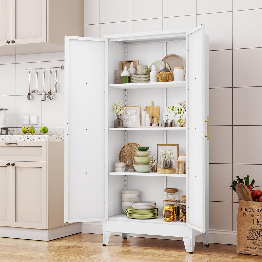61' H Metal Kitchen Pantry Storage Cabinet, Freestanding Cupboard with 2 Doors and 3 Adjustable Shelves, Standing Storage for Kitchen, Bathroom, Garage, Dinning Room or Utility Room（White）