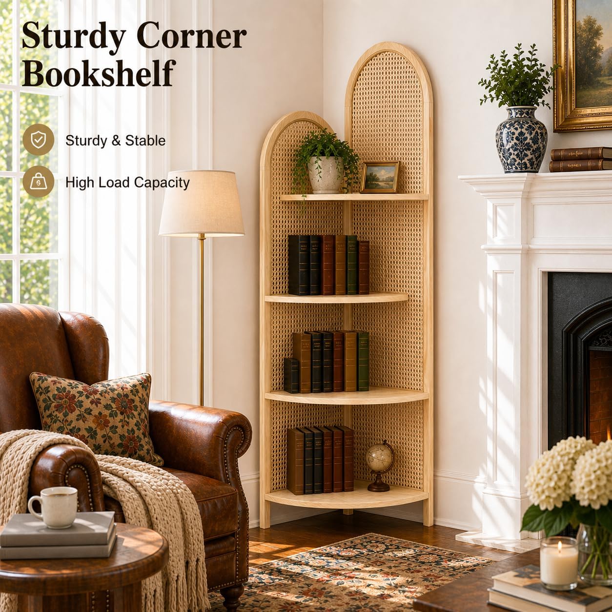 70' Tall Corner Bookshelf, 4-Tier Rattan Corner Shelf Stand for Small Spaces - Solid Wood Frame Display Organizer Rack, 90° Flush Wall Fit, Natural