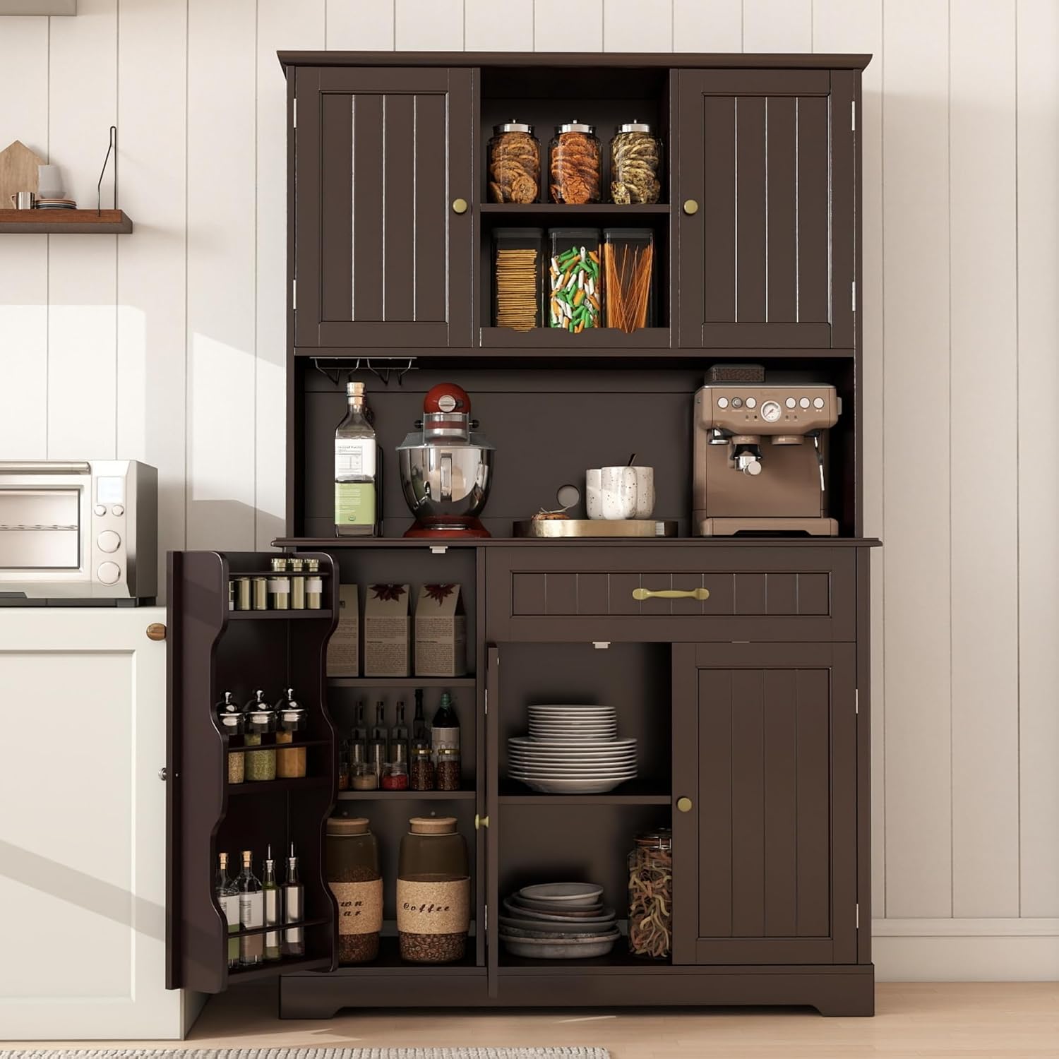 Gizoon Kitchen Hutch Cabinet Kitchen Hutch Storage Cabinet Tall Pantry Coffee Bar with Storage for Dining Room and Craft Room, Painted Dark Brown