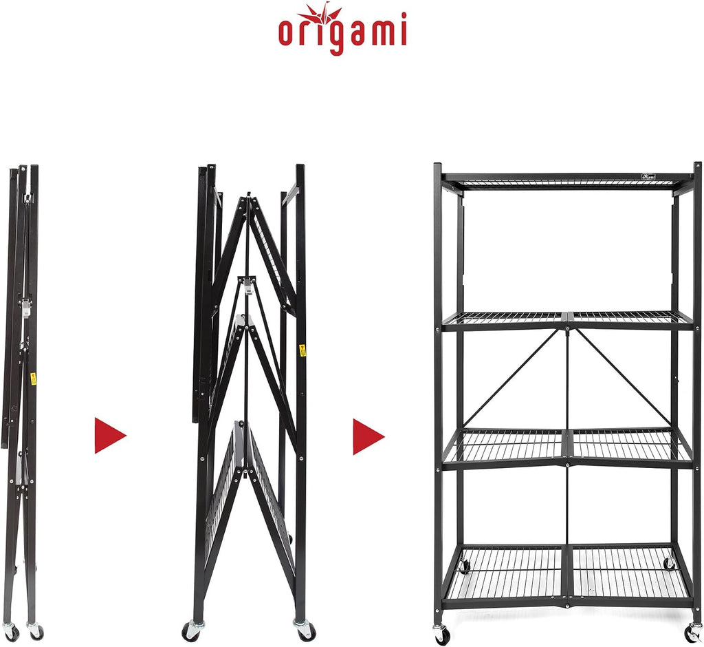 Origami 3 Pack 4 Tier Foldable Metal Garage Storage Shelf Rack, Wheels & Powder Coated Steel, Black