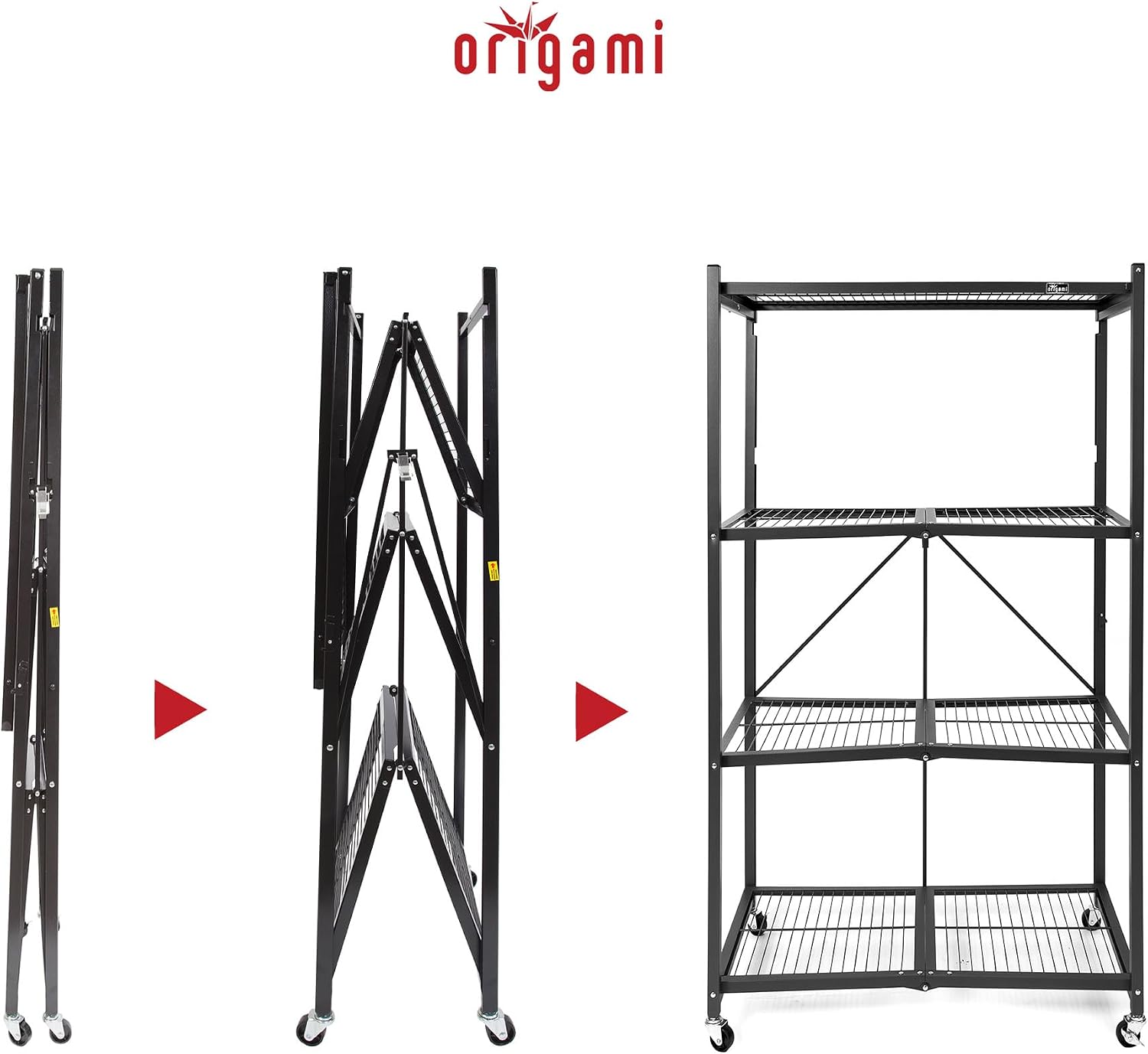 Origami 3 Pack 4 Tier Foldable Metal Garage Storage Shelf Rack, Wheels & Powder Coated Steel, Black