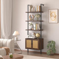 Airynee Ladder Bookshelf, 4 Tier Book Shelf with Rattan Cabinet, Wall Mount Bookshelves and Bookcases with Metal Frame, Anti Dump, Tall Bookcase for Living Room, Home Office, Bedroom Walnut