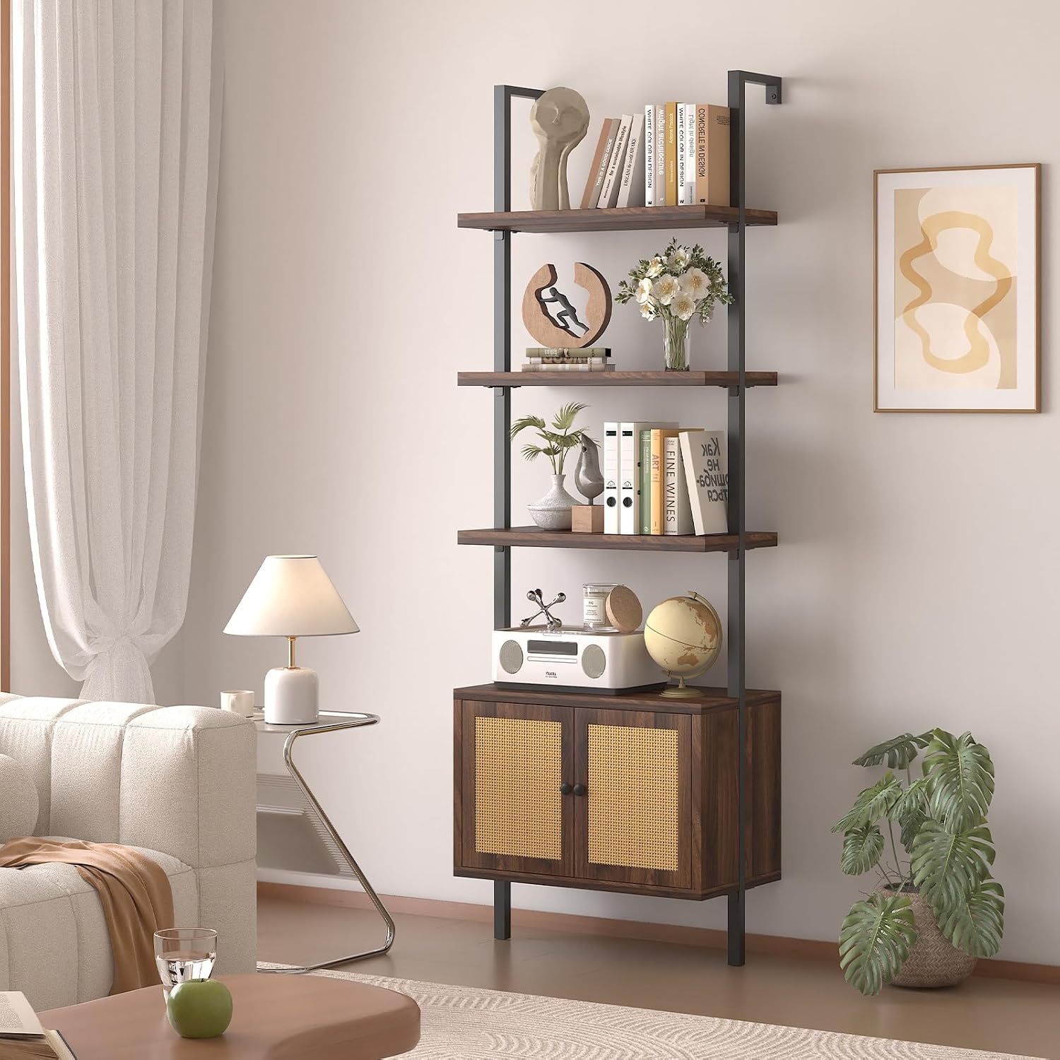 Airynee Ladder Bookshelf, 4 Tier Book Shelf with Rattan Cabinet, Wall Mount Bookshelves and Bookcases with Metal Frame, Anti Dump, Tall Bookcase for Living Room, Home Office, Bedroom Walnut