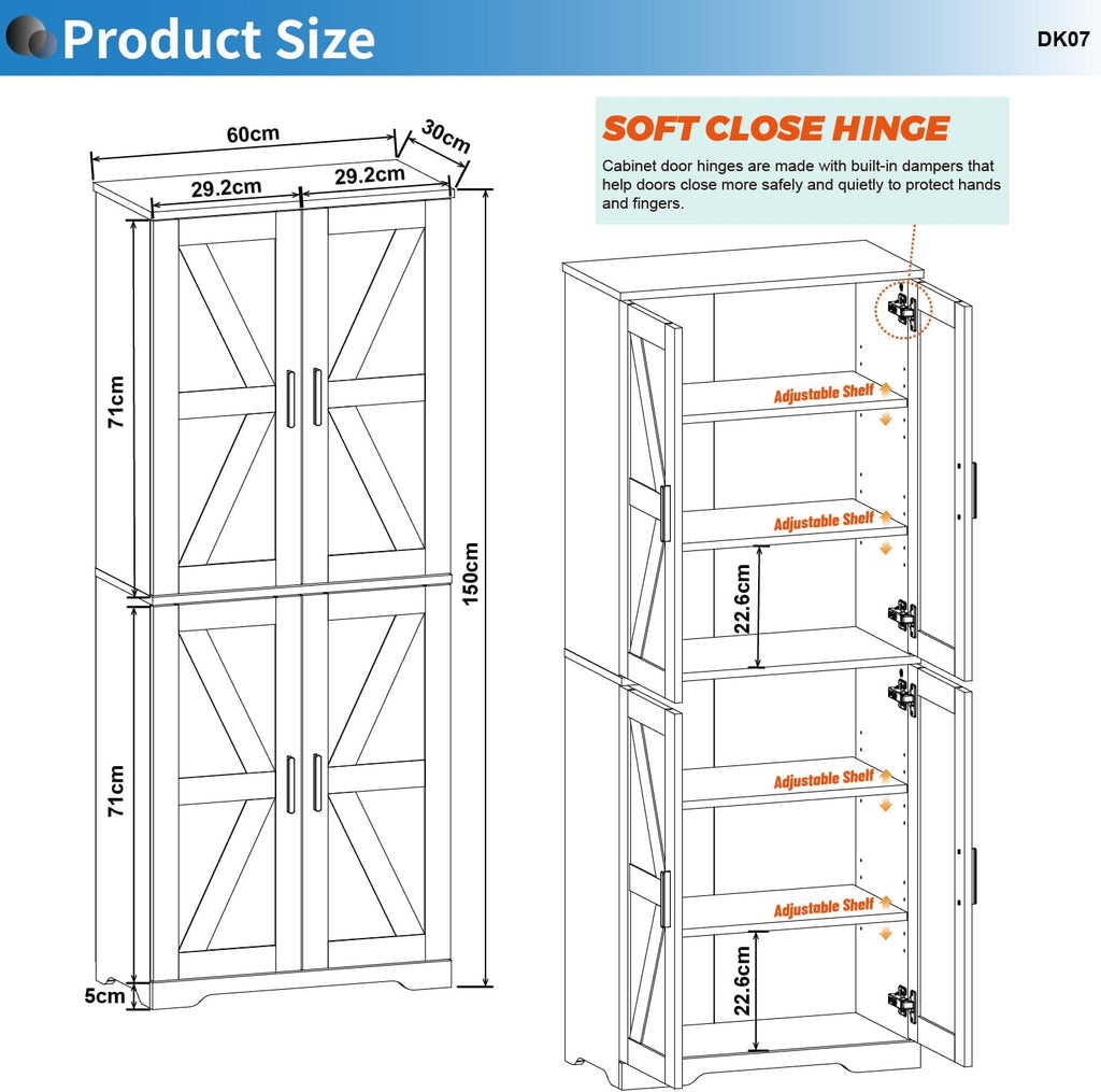 Farmhouse Storage Cabinet with 4 Door, Kitchen Pantry Storage with 4 Adjustable Shelves Wooden Cupboard for Kitchen, Dining Room, Living Room, Bathroom (White)