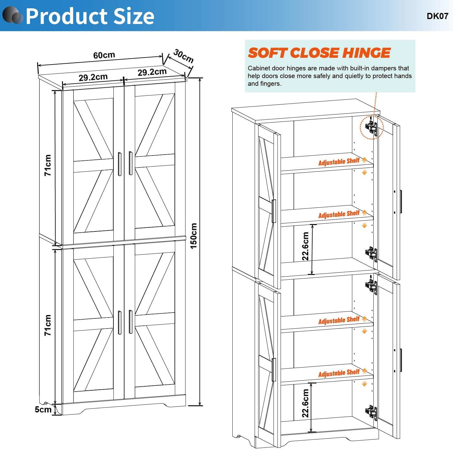 Farmhouse Storage Cabinet with 4 Door, Kitchen Pantry Storage with 4 Adjustable Shelves Wooden Cupboard for Kitchen, Dining Room, Living Room, Bathroom (White)