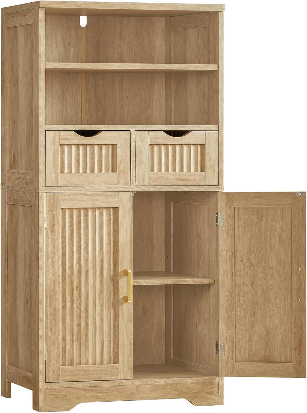 Iwell Tall Storage Cabinet, Fluted Cabinet with 2 Drawers & Adjustable Shelf, Bathroom Storage Cabinet, Kitchen Pantry Storage Cabinet, for Living Room, Dining Room, Home Office, Natural Oak