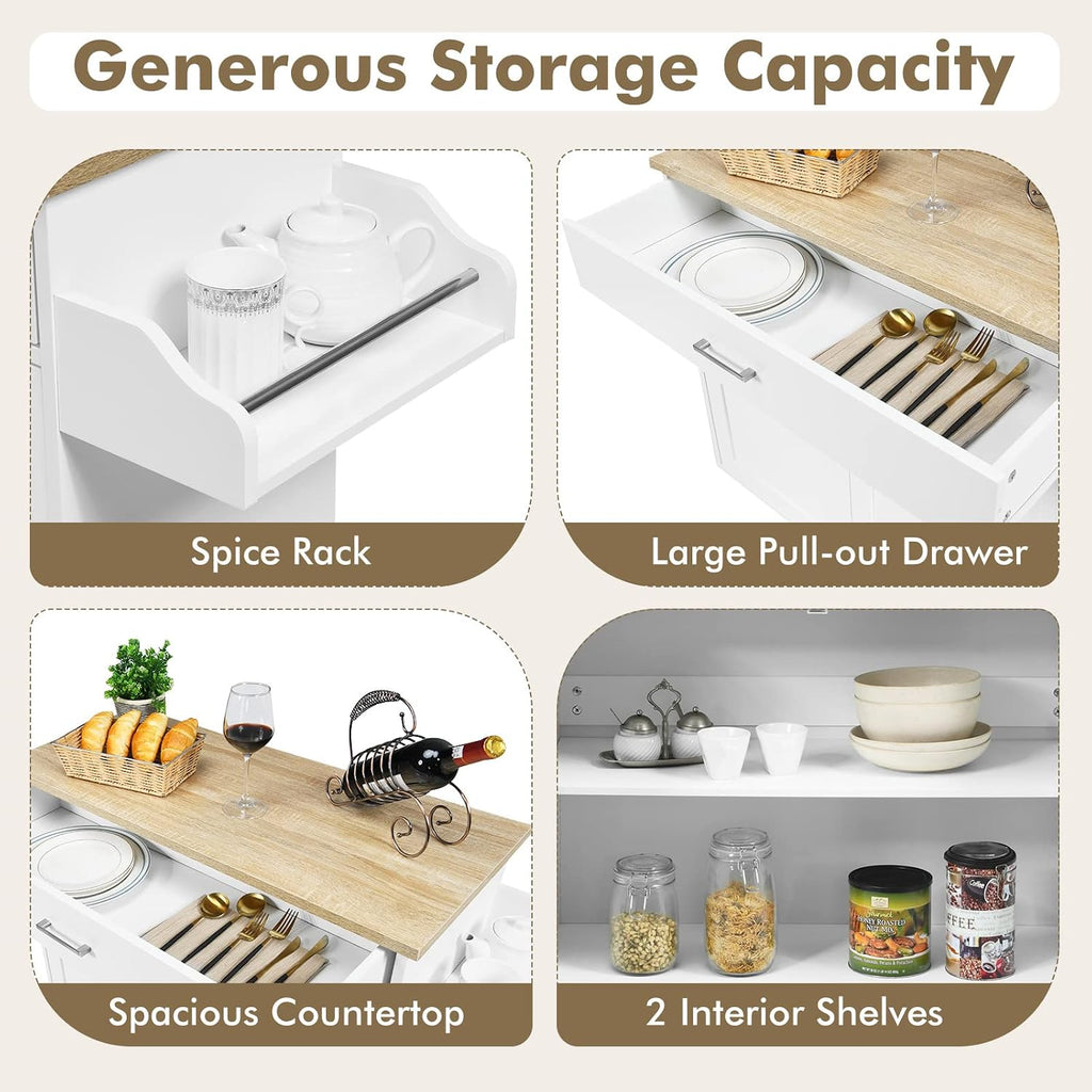 COSTWAY Kitchen Island On Wheels, Rolling Storage Trolley Cart with Large Cabinet, Drawer, Spice Rack and Towel Rack, Kitchen Serving Utility, 3-Position Adjustable Shelf (White)