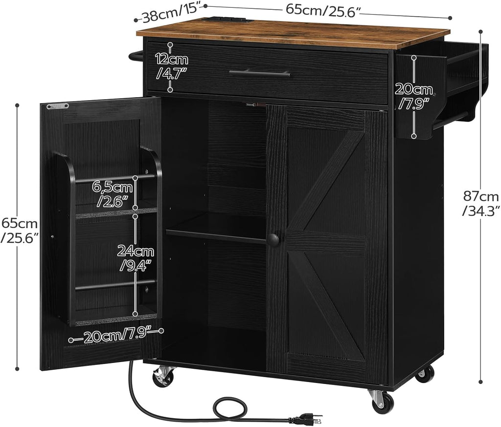 HOOBRO Kitchen Island with Power Outlet, Rolling Kitchen Island with Large Worktop, Kitchen Island Cart with Spice Rack and Drawer, Island Table for Dining Room, Rustic Brown and Black BF88UZD01