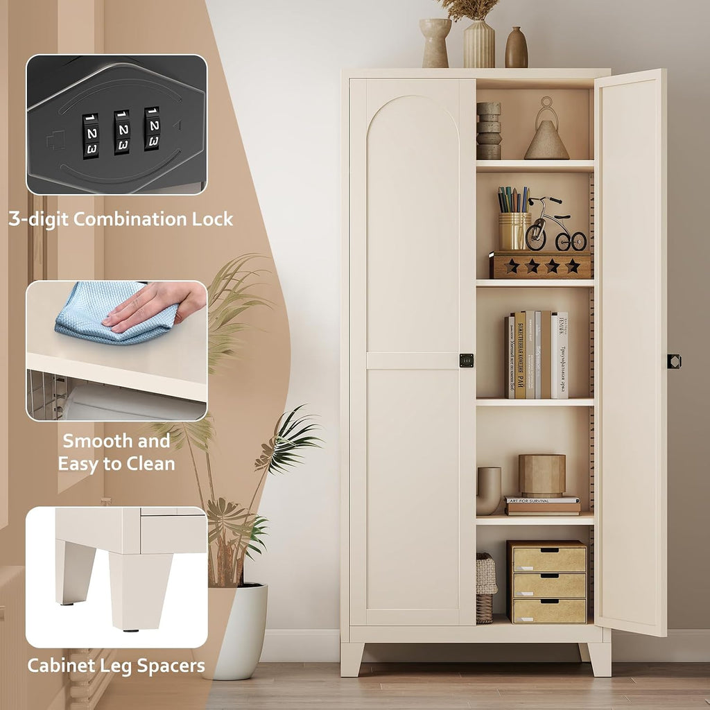 Zevemomo 71' Tall Metal Locking Cabinet with 4 Adjustable Shelves & 2 Doors, Steel Lockable Cabinet with 3-Digit Combination Lock, Secure Metal Pantry Cabinet for Home, Office, Garage, Beige