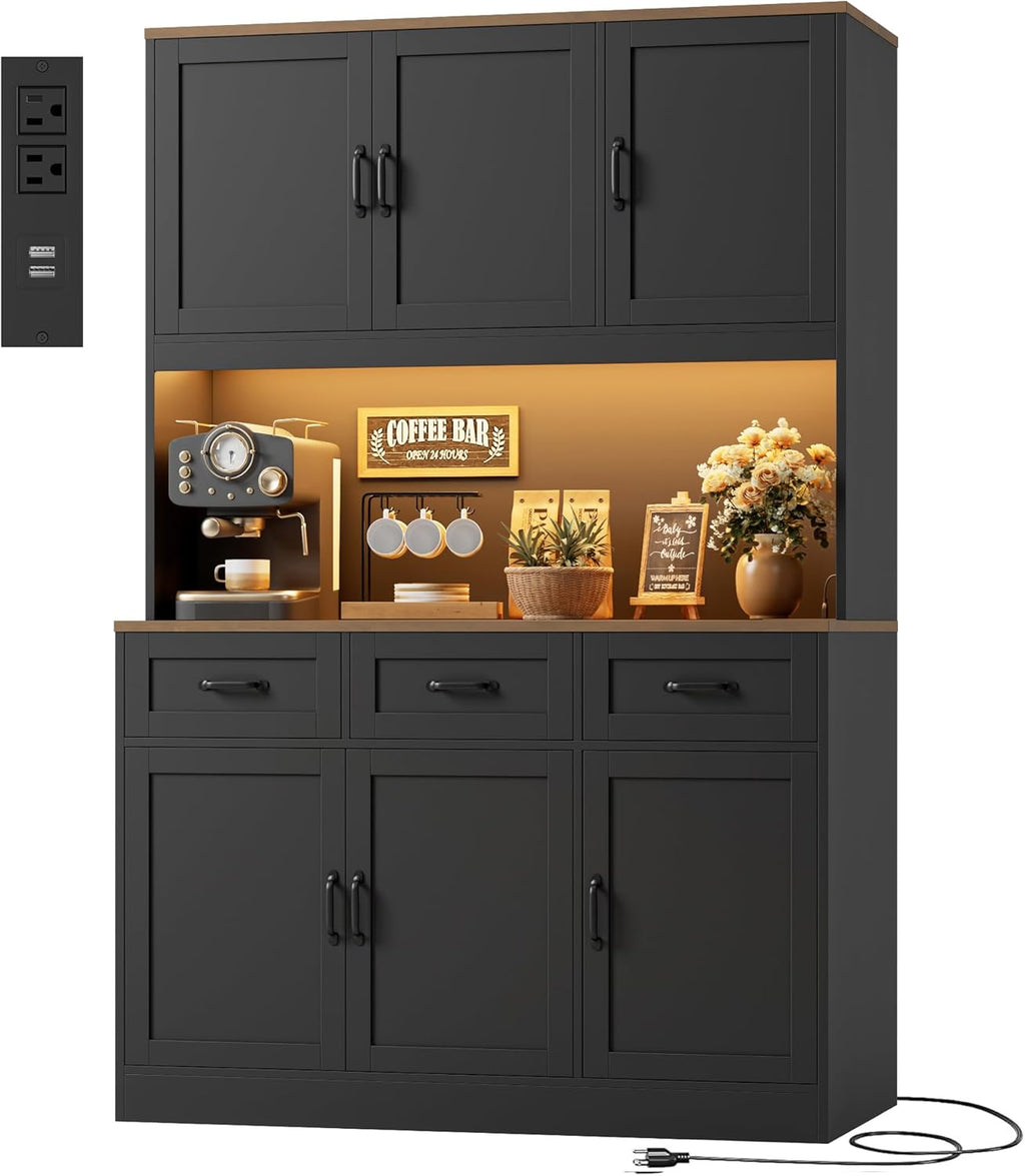 HOSTACK 72' Tall Kitchen Pantry Cabinet with Charing Station | LED Lights, 47'W Kitchen Pantry Storage Cabinet with Countertop, Kitchens Hutch Cabinets with Storage for Dining Room, Black/Rustic Brown