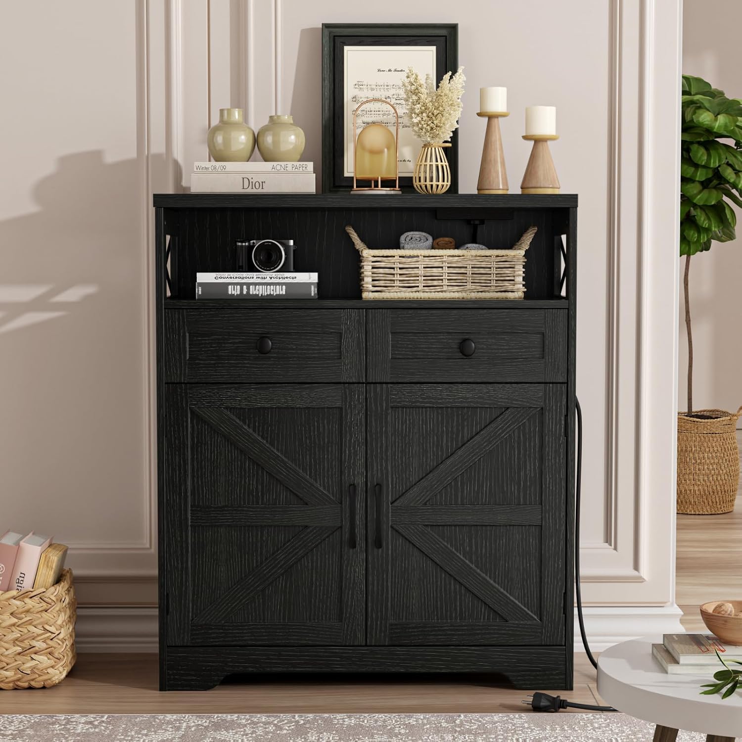 FiveWillowise 31.5' Black Storage Cabinet with Drawers and Shelf, Farmhouse Sideboard Buffet with Storage, Kitchen Pantry Hutch, Coffee Bar Cabinet Station Table for Kitchen, Living, Dining Room