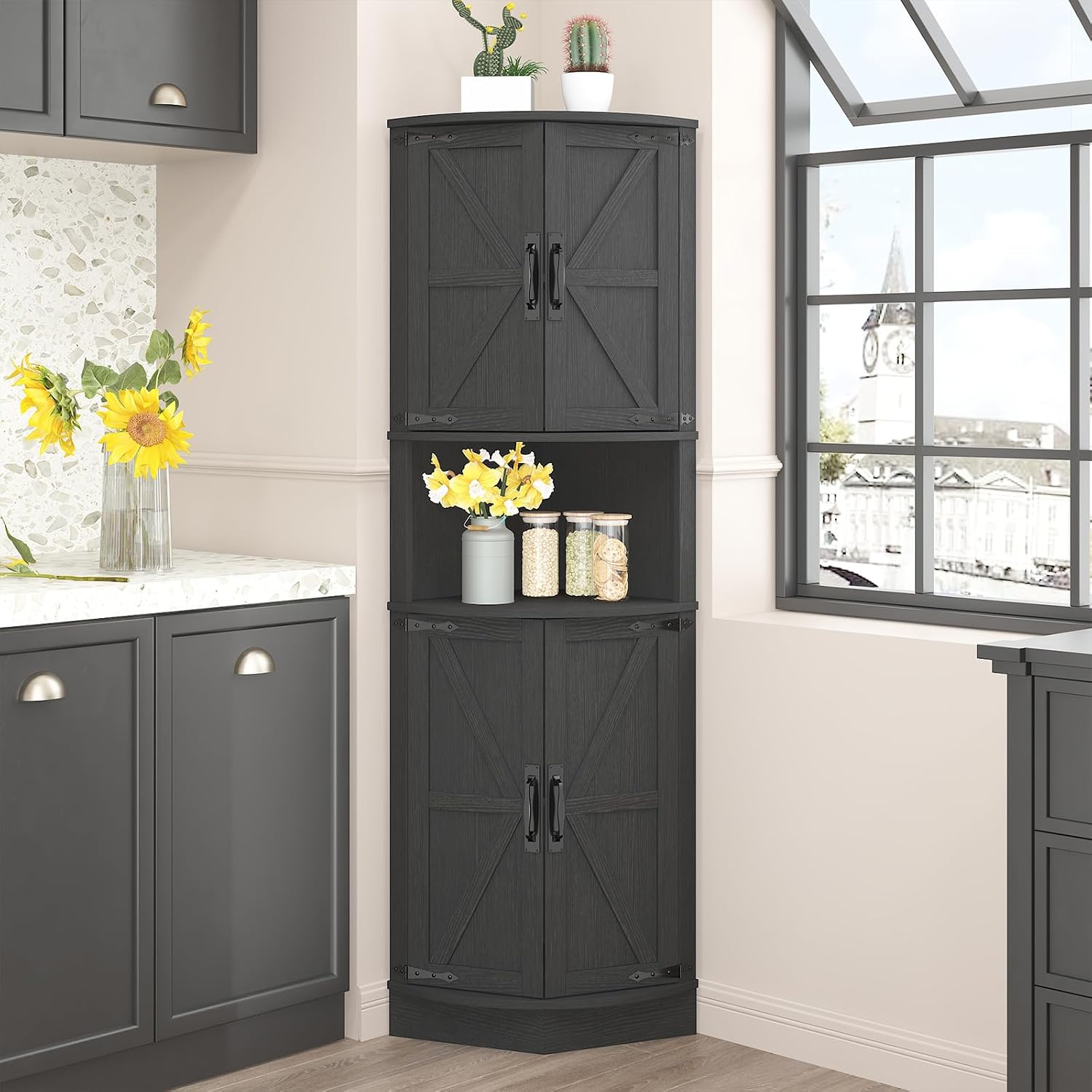 Vabches 64.8' Tall Farmhouse Corner Cabinet with 4 Doors and 5 Storage Shelves, Farmhouse Storage Cabinet with Barn Door Design, Home Space Saver for Living Room, Kitchen, Laundry Room,Black
