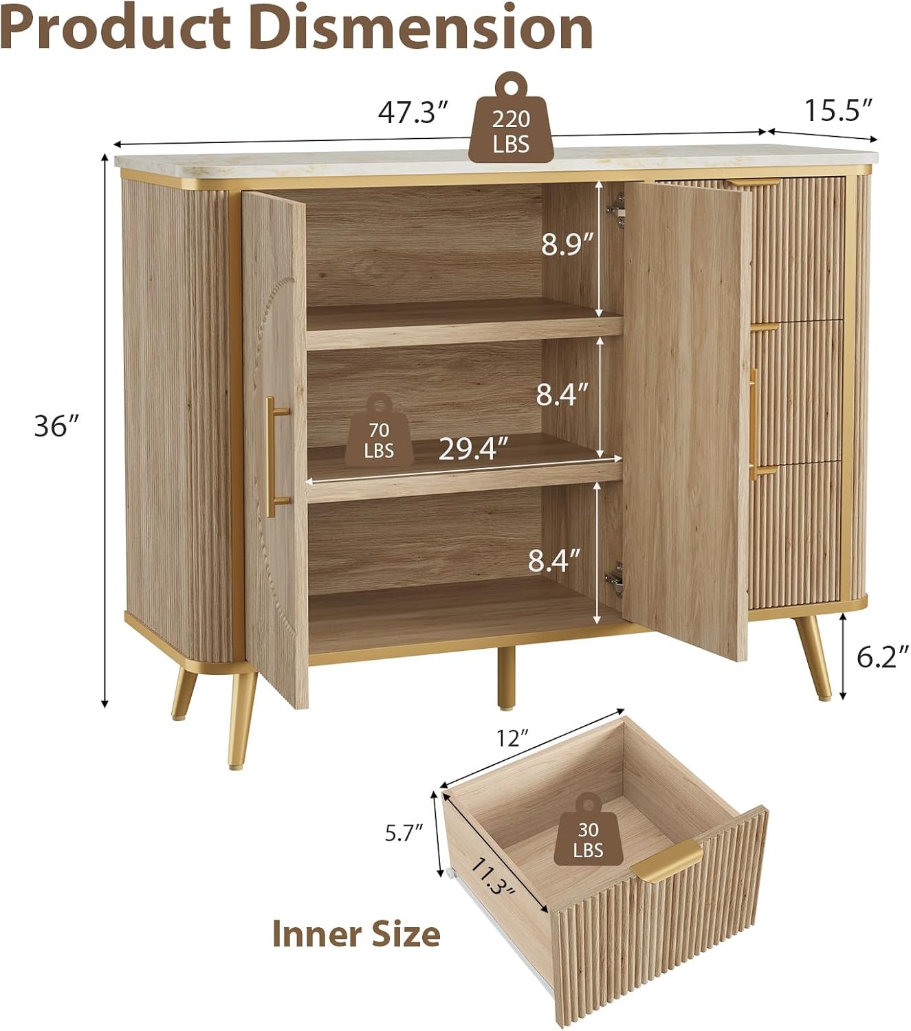 47.3' Modern Buffet Cabinet with Storage, Kitchen Sideboard Buffet with 2 Door & 3 Drawers, Fluted Caffee Bar Storage Cabinet for Dining Room, Living Room, Entryway, Natural Oak