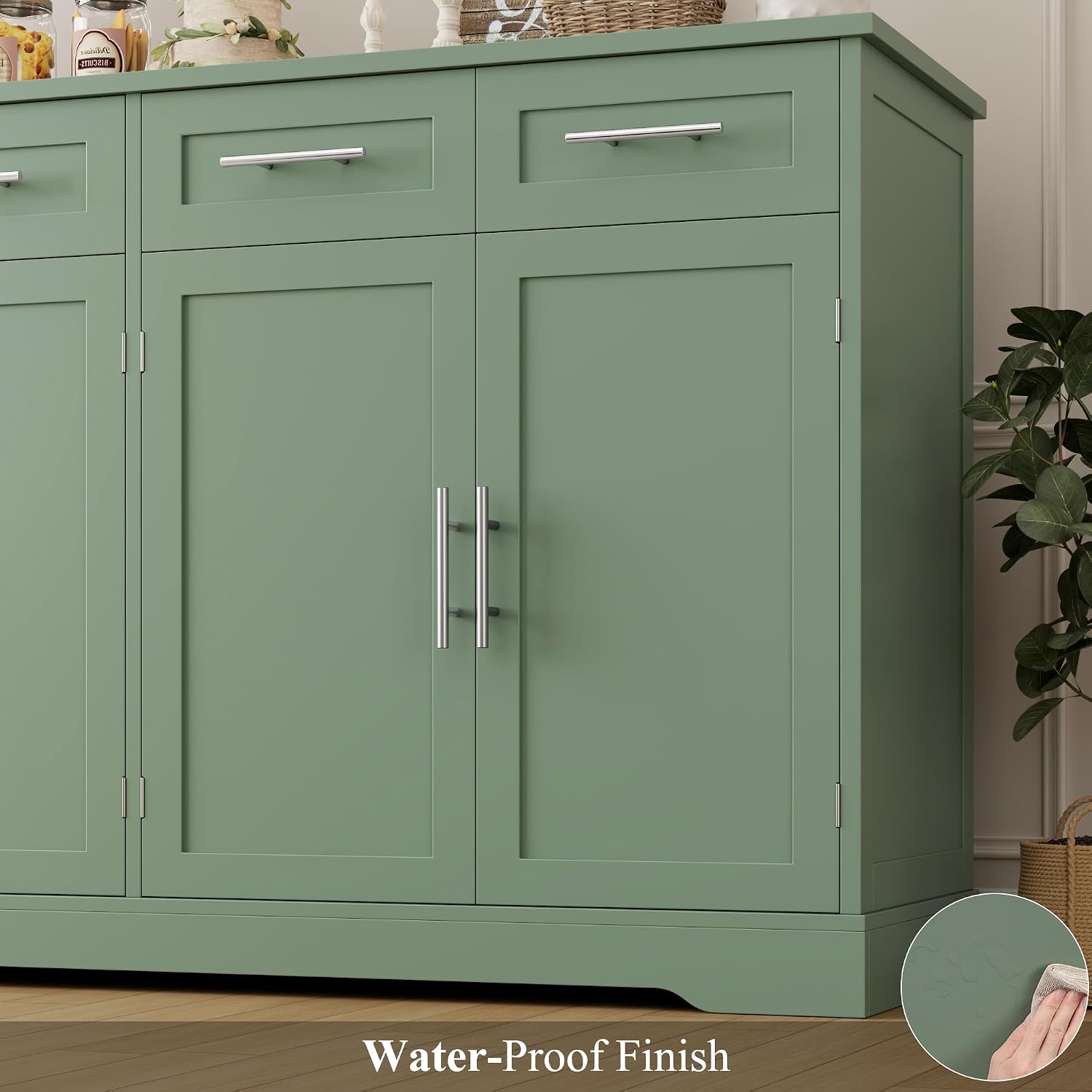 HOSTACK 60' Large Buffet Sideboard with Storage, 36' Tall Kitchen Buffet Storage Cabinet with 4 Drawers, Modern Coffee Bar Cabinet with Silver Handles, Long Sideboard Buffet Table for Kichen, Green