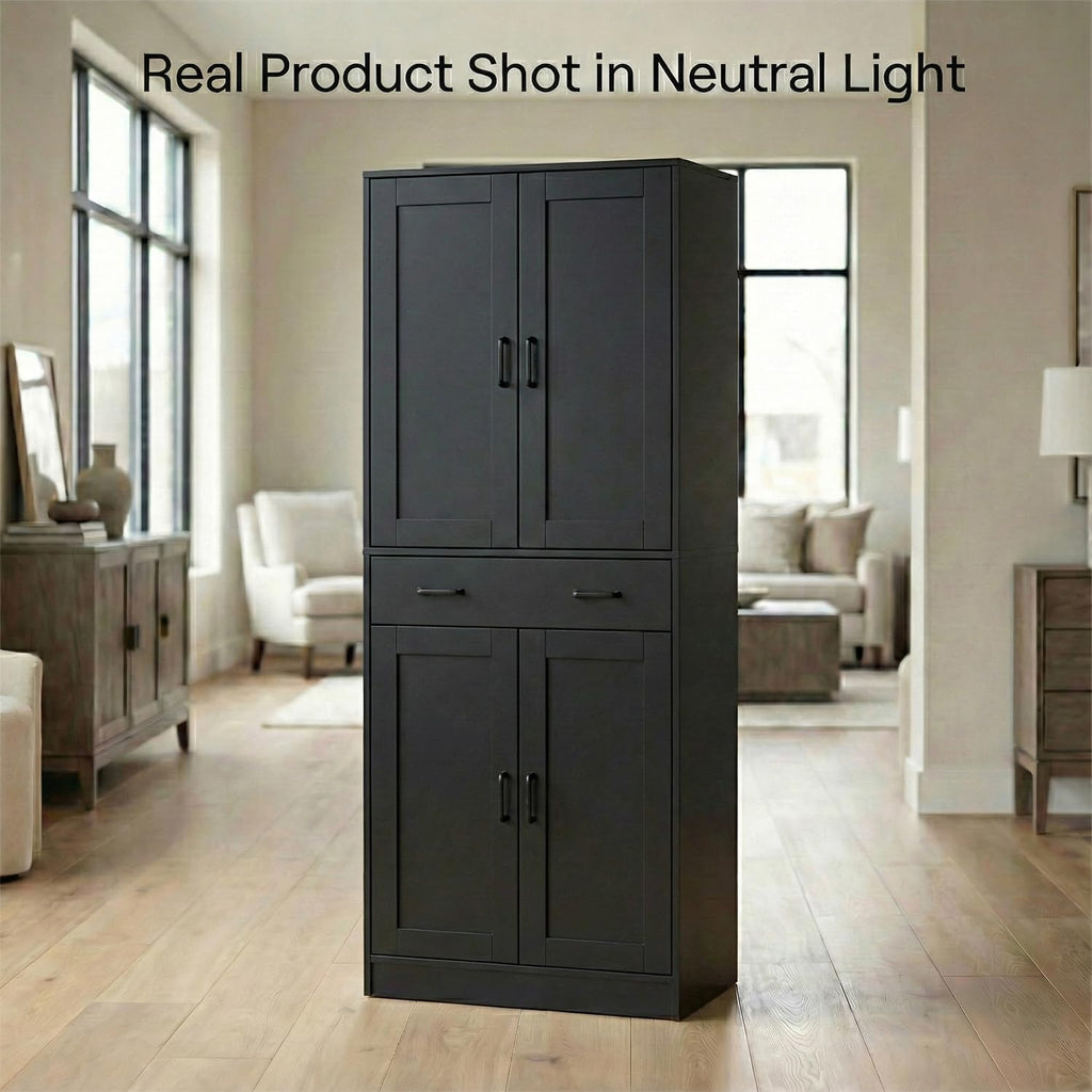 DIYART 71' Tall Kitchen Pantry Cabinet, Freestanding Food Storage Cupboard with Drawer and 4 Doors, Large Black Utility Floor Cabinet with Adjustable Shelves for Dining Room, Breakroom, Home Office