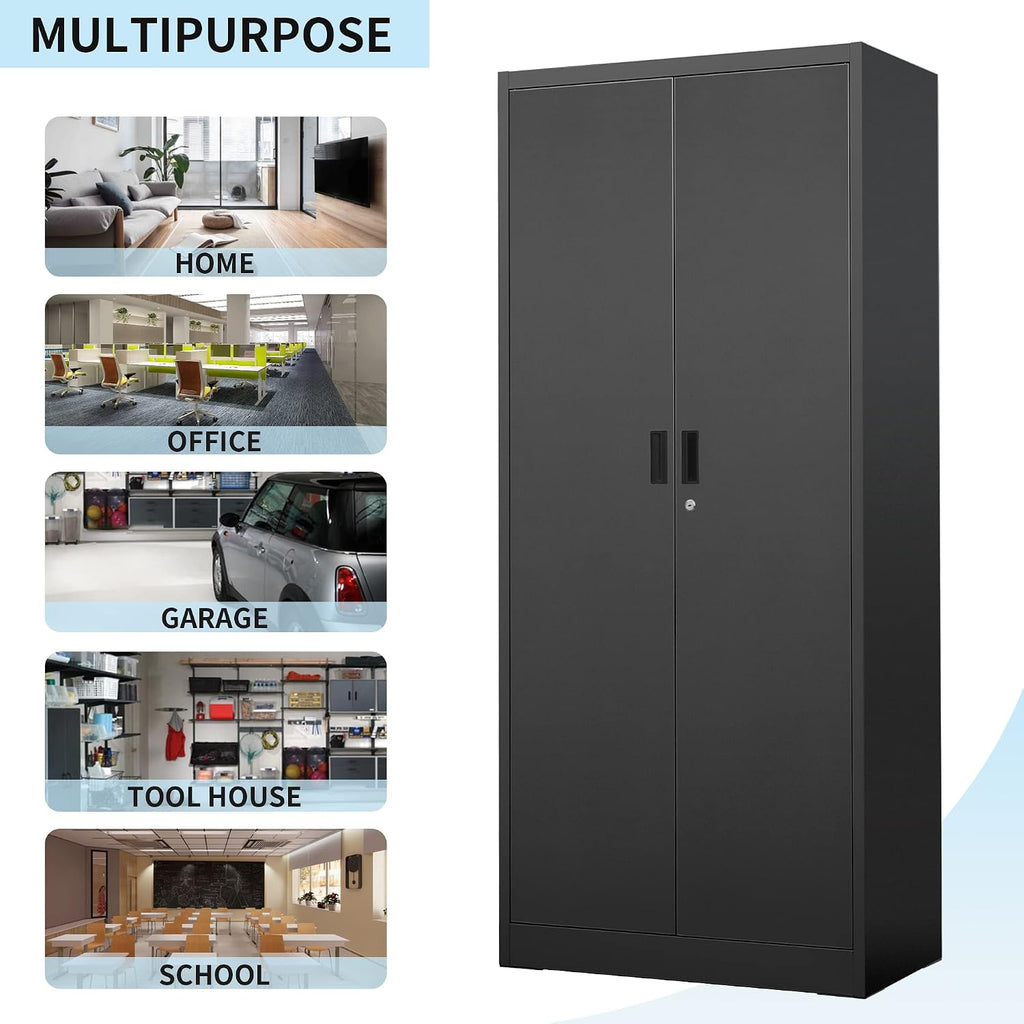 Wanfu Metal Storage Cabinet, 71'H Metal Garage Cabinet with 5 Adjustable Shelves, Locking Storage Cabinets for Garage, Home, Office, Pantry(Black)