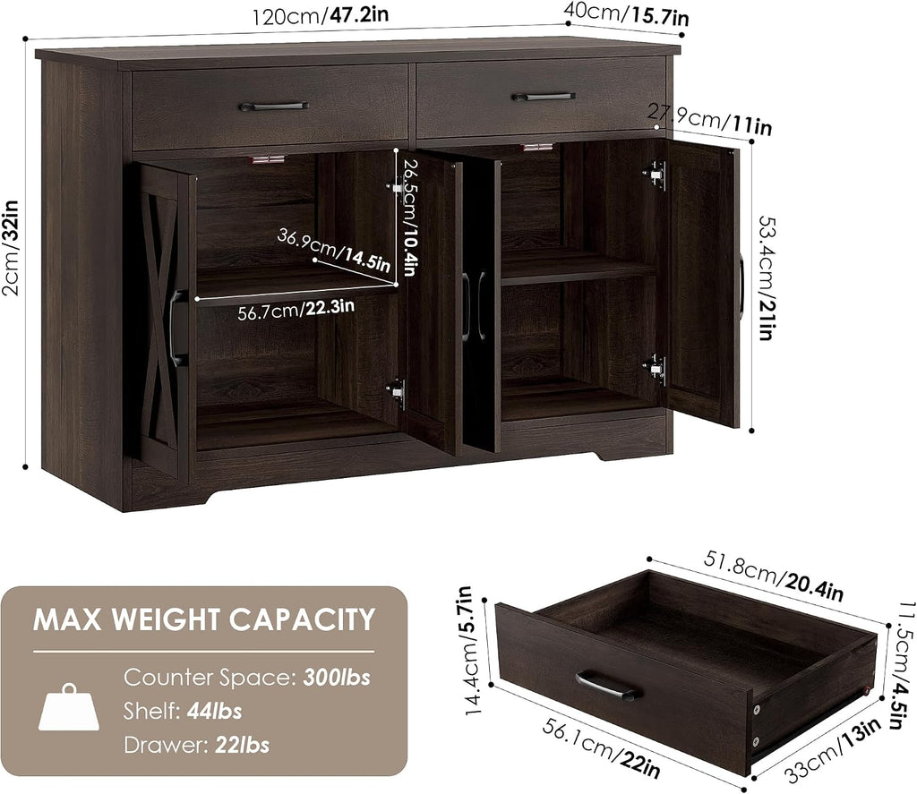 HOSTACK Buffet Cabinet with Storage, 47.2' Kitchen Sideboard Buffet with Drawers, Modern Farmhouse Coffee Bar Station with Shelves, Barn Doors Storage Cabinet for Living Room, Dark Brown