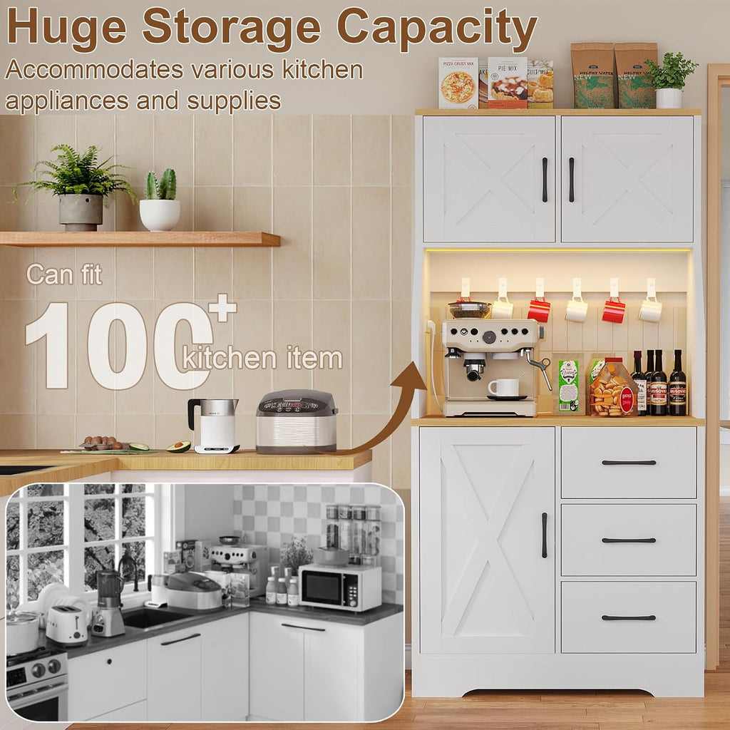 DreamDashio Pantry Cabinet with Adjustable Shelves and 3 Drawers, Tall Kitchen Pantry Storage Cabinet with LED Light & Charging Station, Kitchen Hutch with Microwave Shelf & 6 Hooks for Dining Room