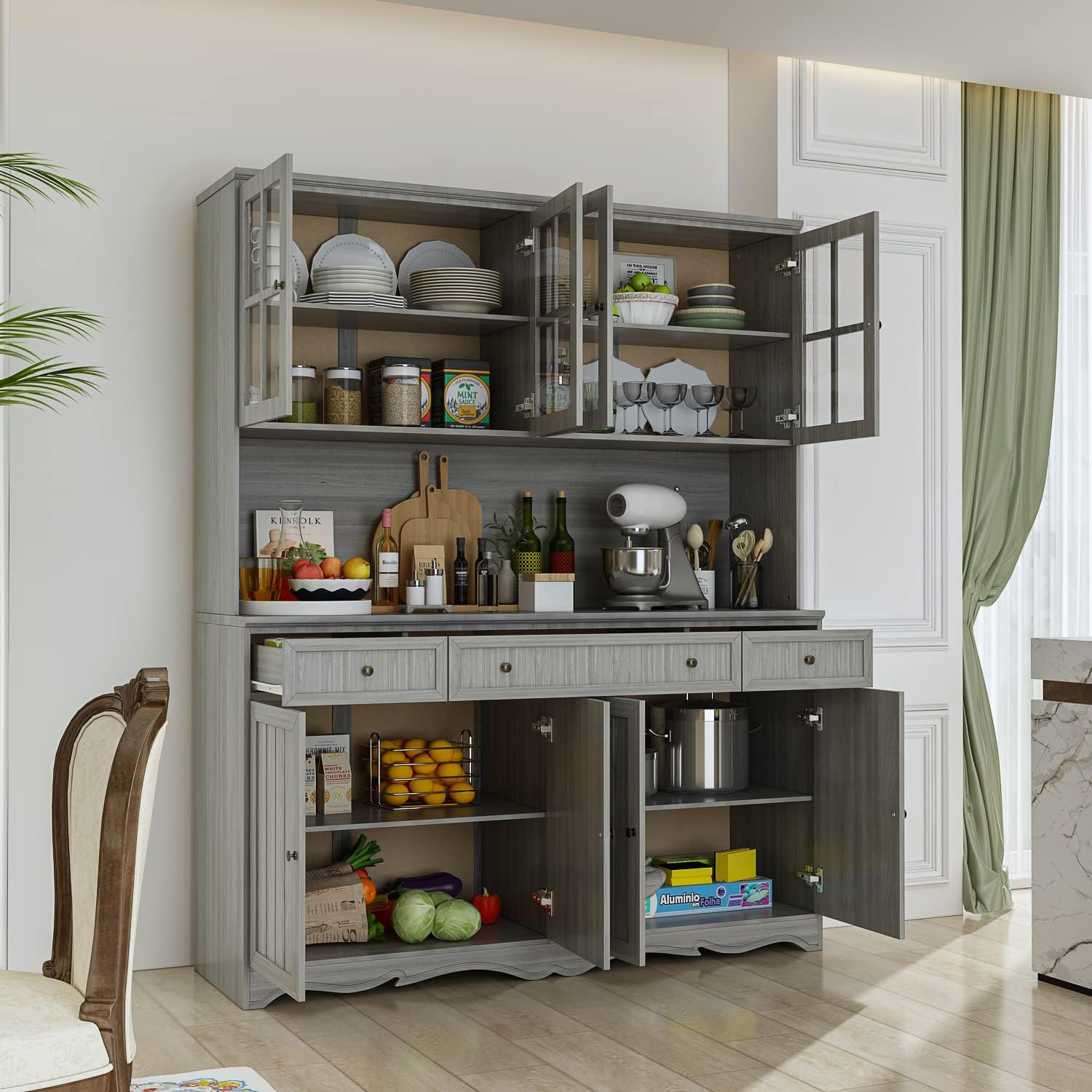 AIEGLE Large Kitchen Hutch Cabinet, Storage Cupboard Pantry with Glass Doors, Drawers & Countertop, Floor Kitchen Pantry Storage Cabinet Utility Buffet, Wooden Grey (61.2' L x 18.1' W x 75.9' H)
