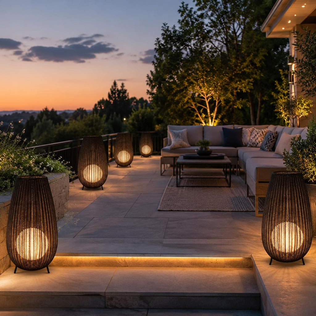MIXL-Coffee Brown Rattan Floor Lamp,Waterproof Outdoor Patio Lamps with Globe Shade,Wicker Shade Indoor & Outdoor Floor Lamp for Garden Lawn and Living Room