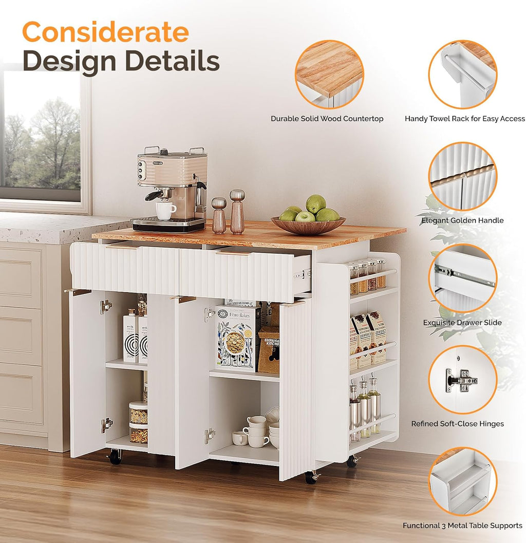 VINGLI Fluted Kitchen Island with Storage, Rolling Kitchen Cart on Wheels with 2 Drawers & 4 Doors, Adjustable Shelves, Portable Kitchen Island with Rubber Wood Top, White