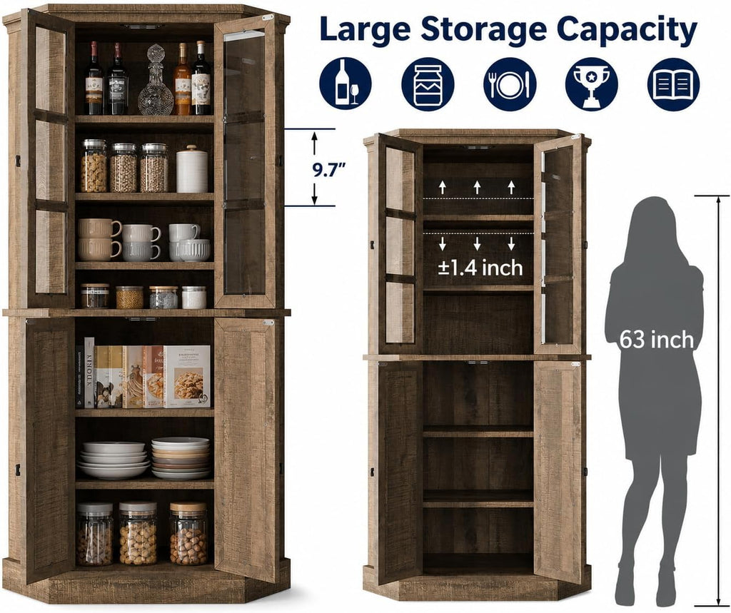 Betterhood Corner Cabinet, 67' Tall Kitchen Pantry Storage Cabinet with Glass Doors and Adjustable Shelves, Freestanding Food Pantry Farmhouse Furniture for Kitchen,Living Room, Rustic Brown