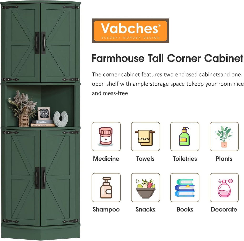 Vabches 64.8' Tall Farmhouse Corner Cabinet with 4 Doors and 5 Storage Shelves, Farmhouse Storage Cabinet with Barn Door Design, Home Space Saver for Living Room, Kitchen, Laundry Room,Green