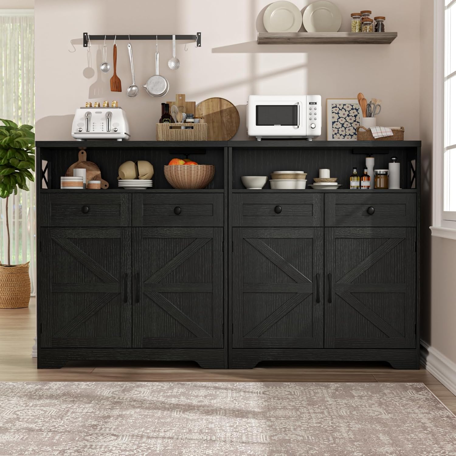 FiveWillowise 31.5' Black Storage Cabinet with Drawers and Shelf, Farmhouse Sideboard Buffet with Storage, Kitchen Pantry Hutch, Coffee Bar Cabinet Station Table for Kitchen, Living, Dining Room