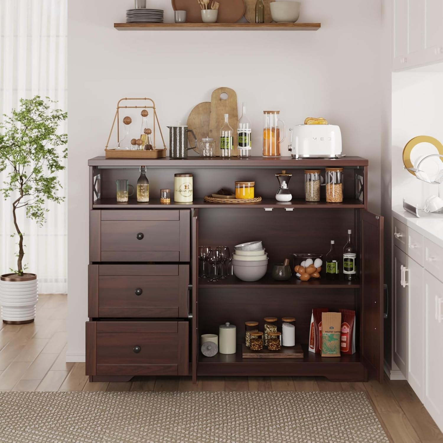 47' Dark Brown Farmhouse Storage Cabinet with Barn Doors and Drawers, Sideboard Buffet Cabinet with Storage, Kitchen Pantry Hutch, Coffee Bar Station Table for Kitchen, Living, Dining Room