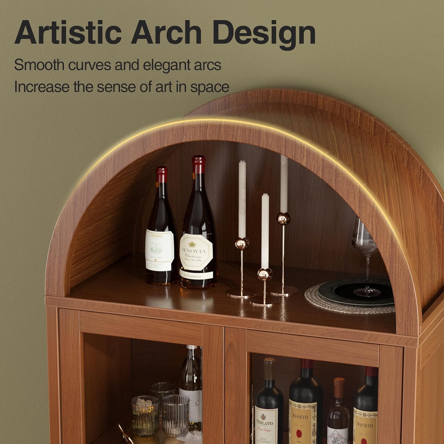 FiveWillowise Kitchen Pantry Cabinet with Glass Doors - Arched Design, Metal U Legs, Artistic Slatted Door, Adjustable Shelves, 78.4' Curved Storage Cabinet for Kitchen, Dining Room