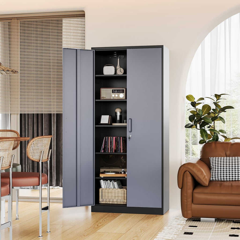 Fesbos Metal Cabinet Steel Storage Cabinet - 71' Tall File Cabinets with Lockable Doors and 5 Adjustable Shelves Black&Gray Steel Storage Cabinets for Home, School, Office, Garage