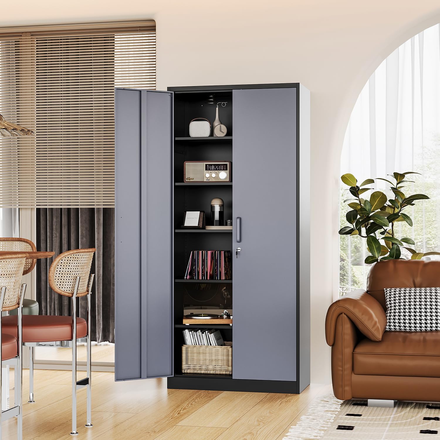 Fesbos Metal Cabinet Steel Storage Cabinet - 71' Tall File Cabinets with Lockable Doors and 5 Adjustable Shelves Black&Gray Steel Storage Cabinets for Home, School, Office, Garage