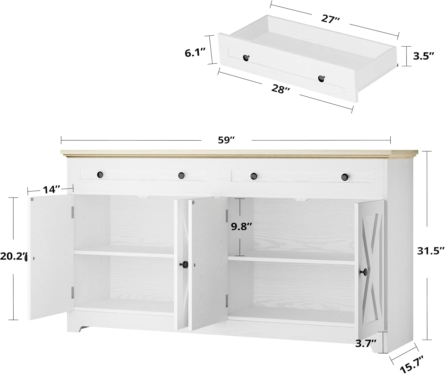 IRONCK Buffet Cabinet with Storage, Sideboard Storage Cabinet with Drawers, Coffee Bar Cabinet, Kitchen Cabinet with Doors, Natural Wood