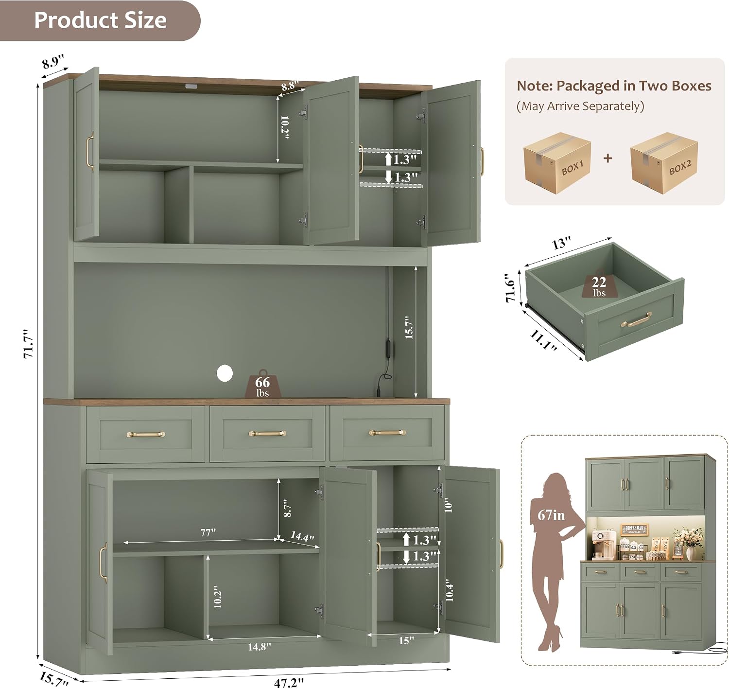 HOSTACK 72' Tall Kitchen Pantry Cabinet with Charing Station | LED Lights, 47' W Kitchen Pantry Storage Cabinet with Countertop, Modern Kitchens Hutch Cabinets with Storage for Dining Room, Green