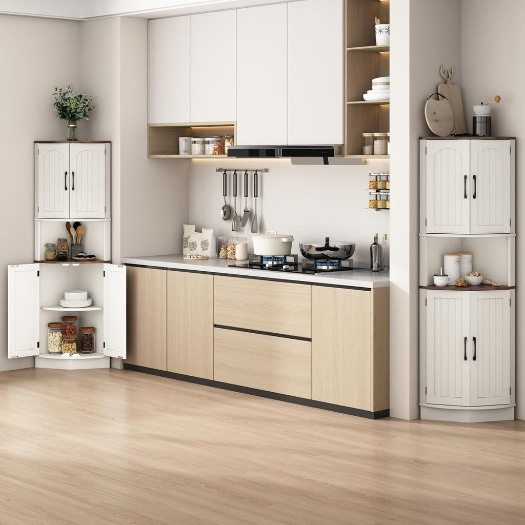HOKYHOKY Tall Corner Cabinet, 64.7' Corner Storage Cabinet with 4 Doors and 5 Storage Shelves, Farmhouse Space Saver with Arched Door Design for Living Room, Kitchen, Bathroom, Office
