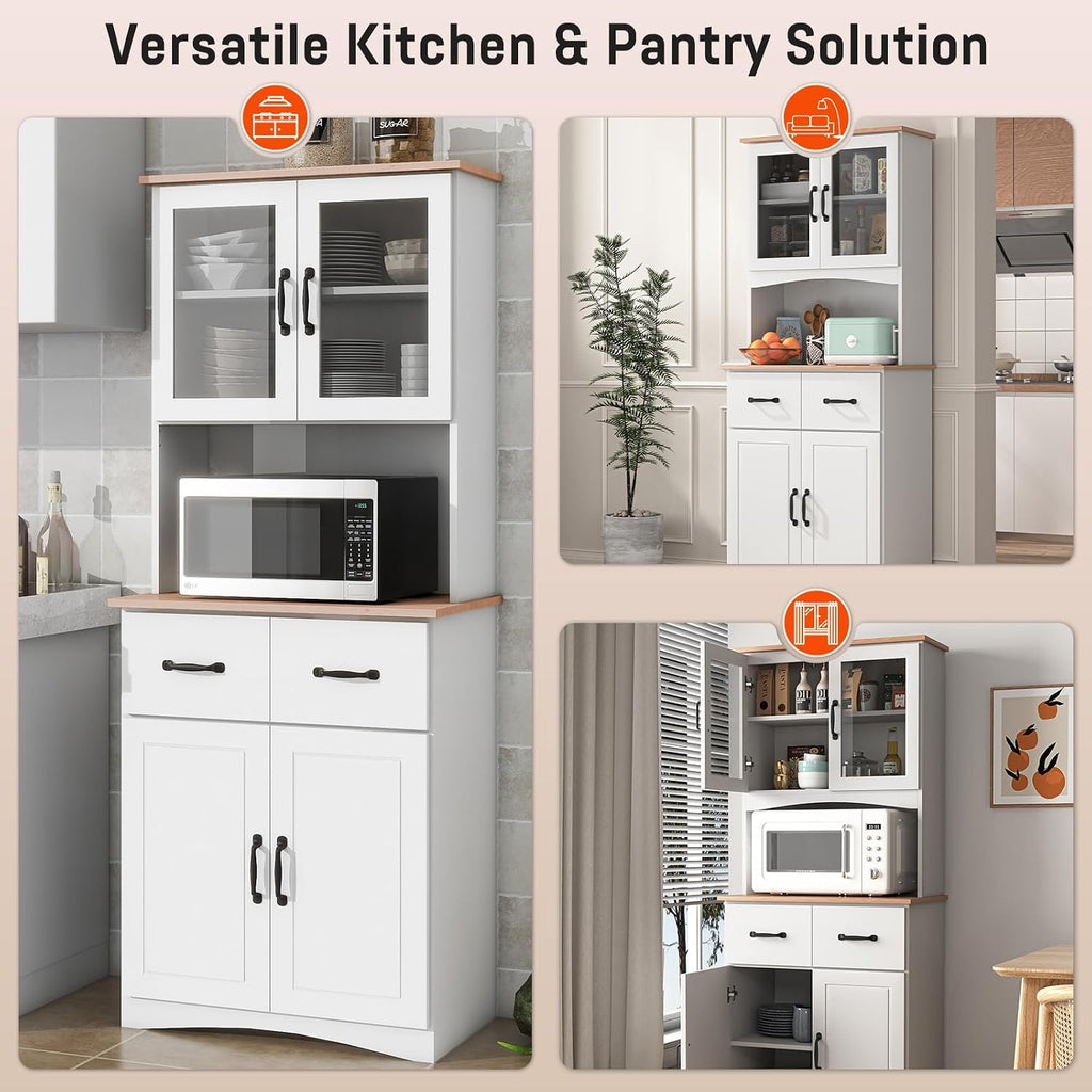 67' Kitchen Pantry Cabinet with Glass Doors & Drawers, Adjustable Shelves, Anti-Tip, Space-Saving Microwave Stand for Small Kitchens
