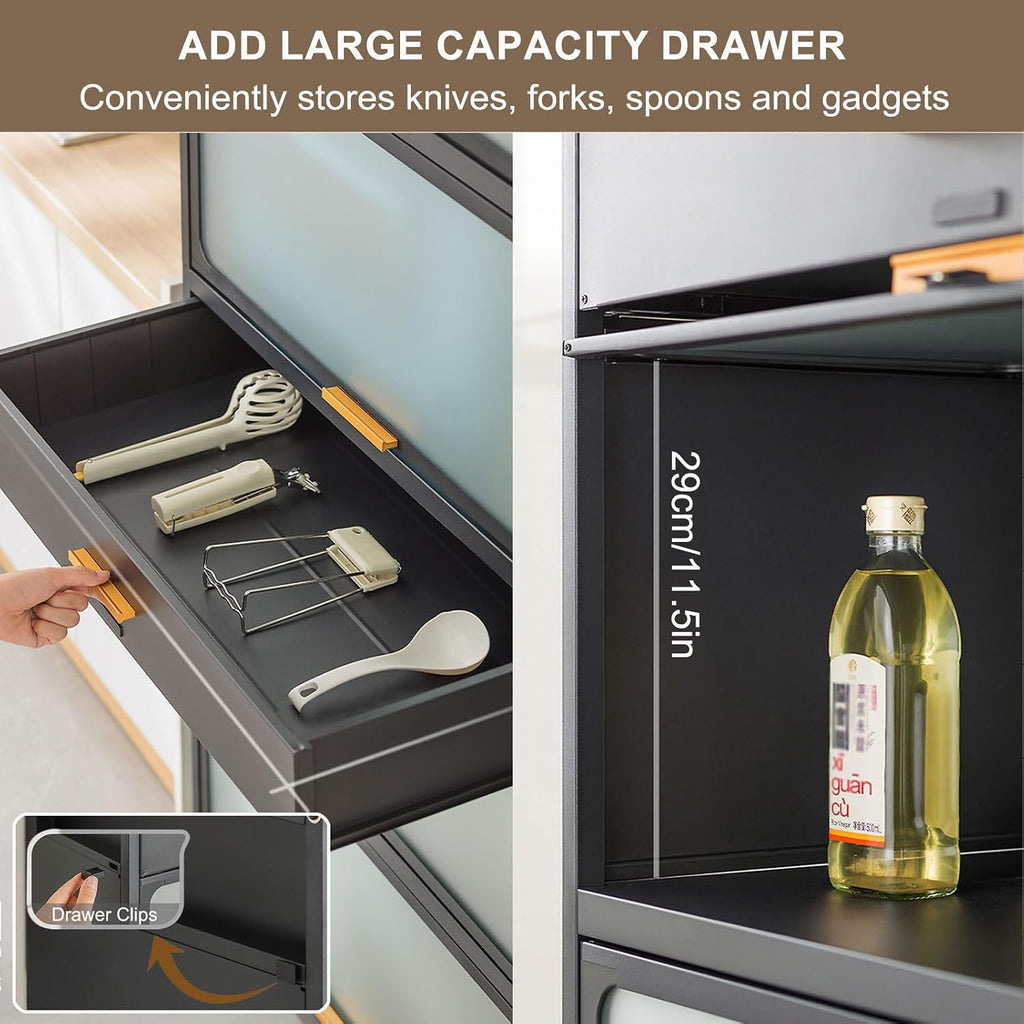 5-Tier Kitchen Storage Cabinet with Flip Doors, Mobile Microwave Stand with Brakeable Casters, Freestanding Kitchen Bakers Rack with Drawer, for Dining Room, Living Room,Black,60×135cm/23.6×53in