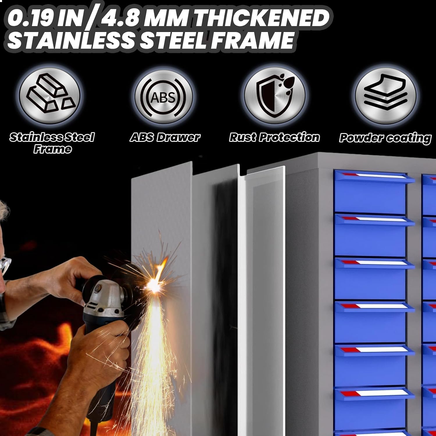 100 Drawers Parts Storage Cabinet, 46' H x 26' D x 9' W Nut and Bolt Organizer, ABS Drawers, Labels, Removable Dividers, Bolt Bin Storage Cabinet for Garage Auto Shop Hardware Small Parts Storage