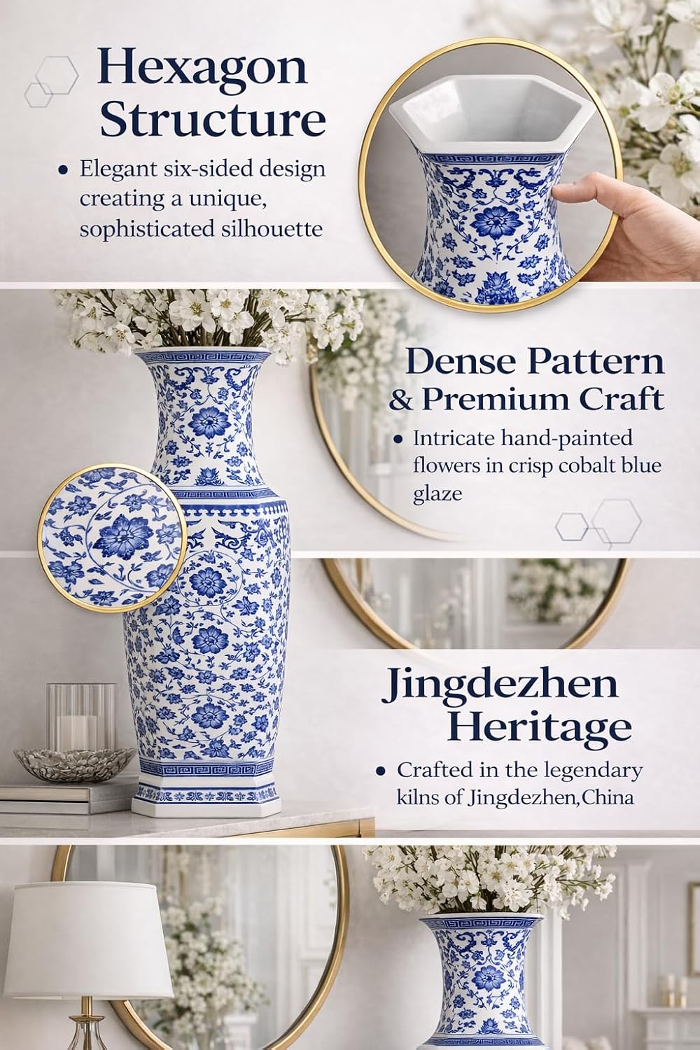 24' Classic Blue and White Hexagonal Lotus Porcelain Vase, Ceramic Vase Jingdezhen, China Qing Style （D8）
