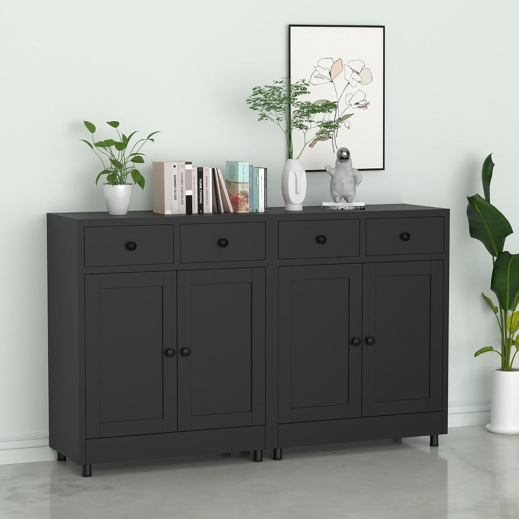Metal Storage Cabinet with 2 Drawers and Adjustable Shelf, Sideboard Buffet Cabinet for Home, Office, Hallway, Entryway, Living Room, Kitchen Pantry and Dining Room (Black)