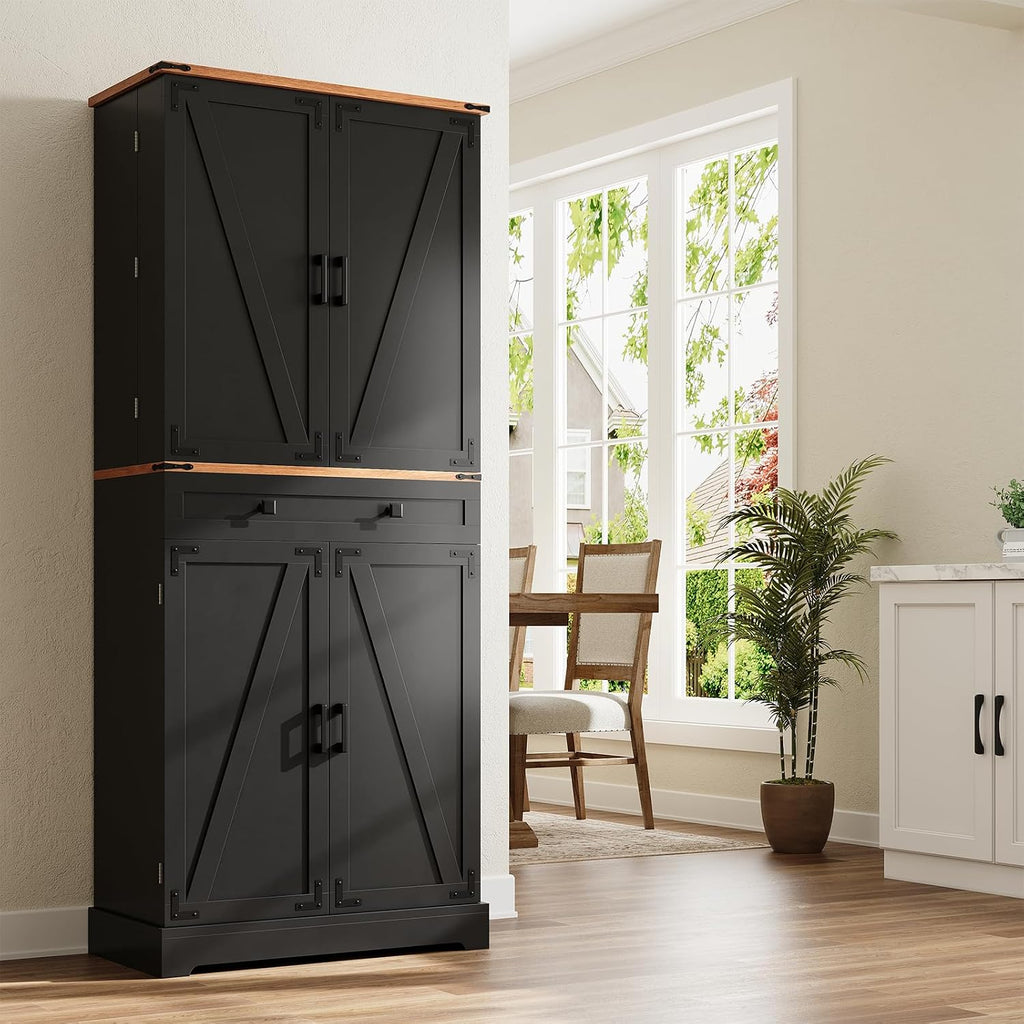 ELYKEN 72' Pantry Cabinet, Kitchen Storage Cabinet with 3 Pull Out Shelves & 8 Door Shelves, Tall Kitchen Pantry Cabinet with Adjustable Shelf, Kitchen Hutch with Large Drawer,for Dining Room