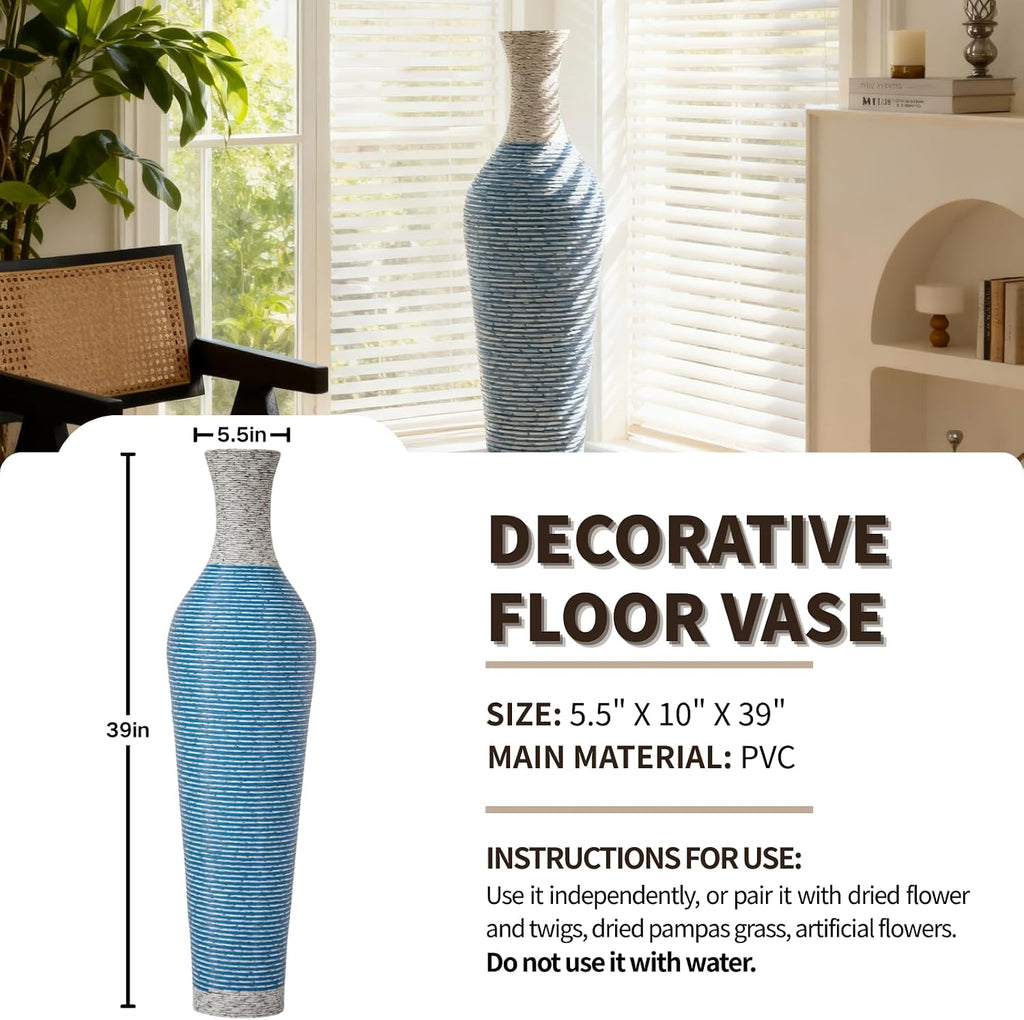 39-Inch Tall Vintage Floor Vase - Premium PVC Rattan Weave, Large Blue Striped Standing Vase, Flower Holder for Home Decor (Blue)